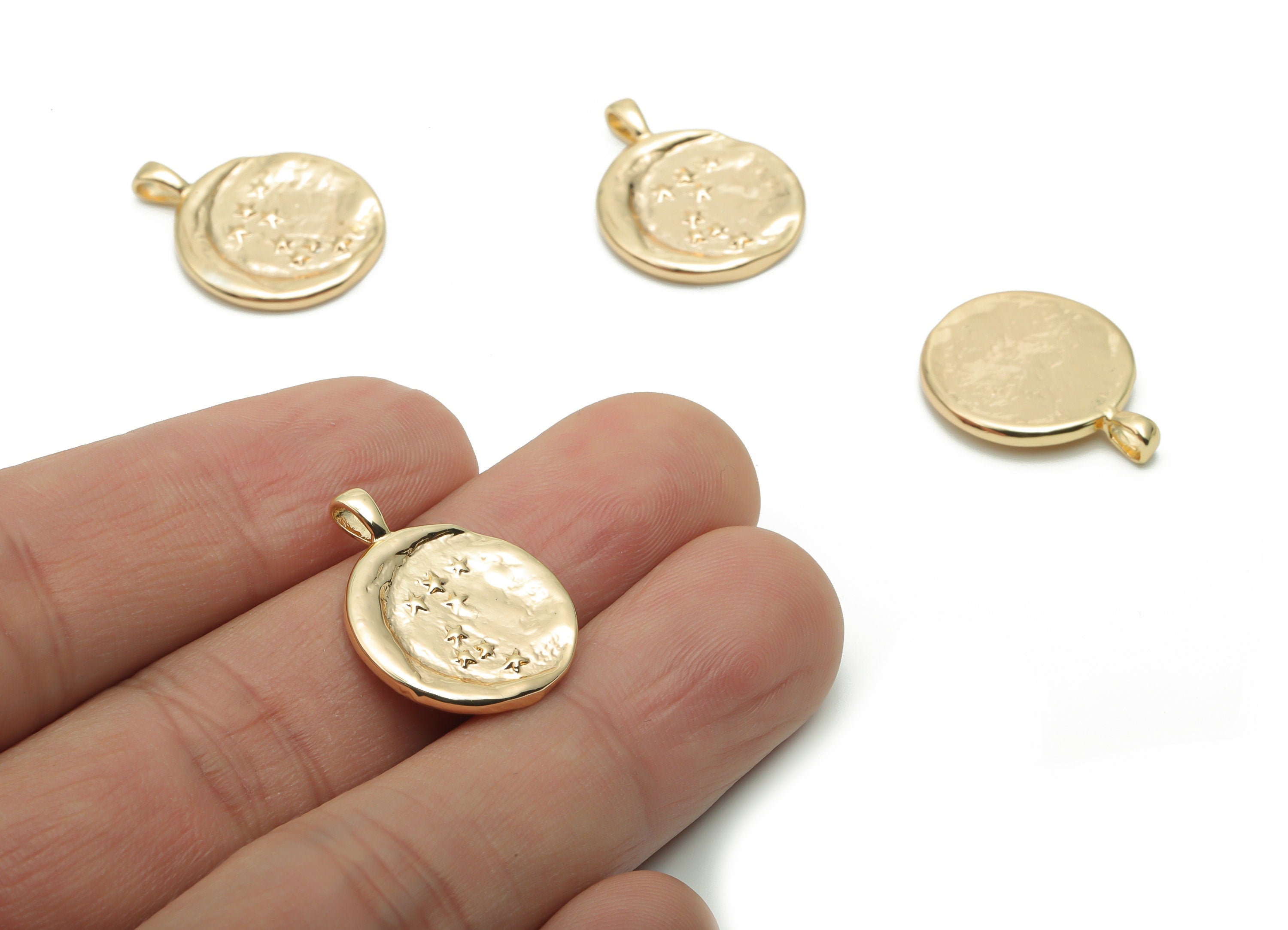 Brass Round Moon Star Charms - Gold Crescent Circle Pendant - 18K Real Gold Plated Brass - Jewelry Supplies - 21.85x17.36x1.62mm - RGP4254 - DOMEDBAZAAR