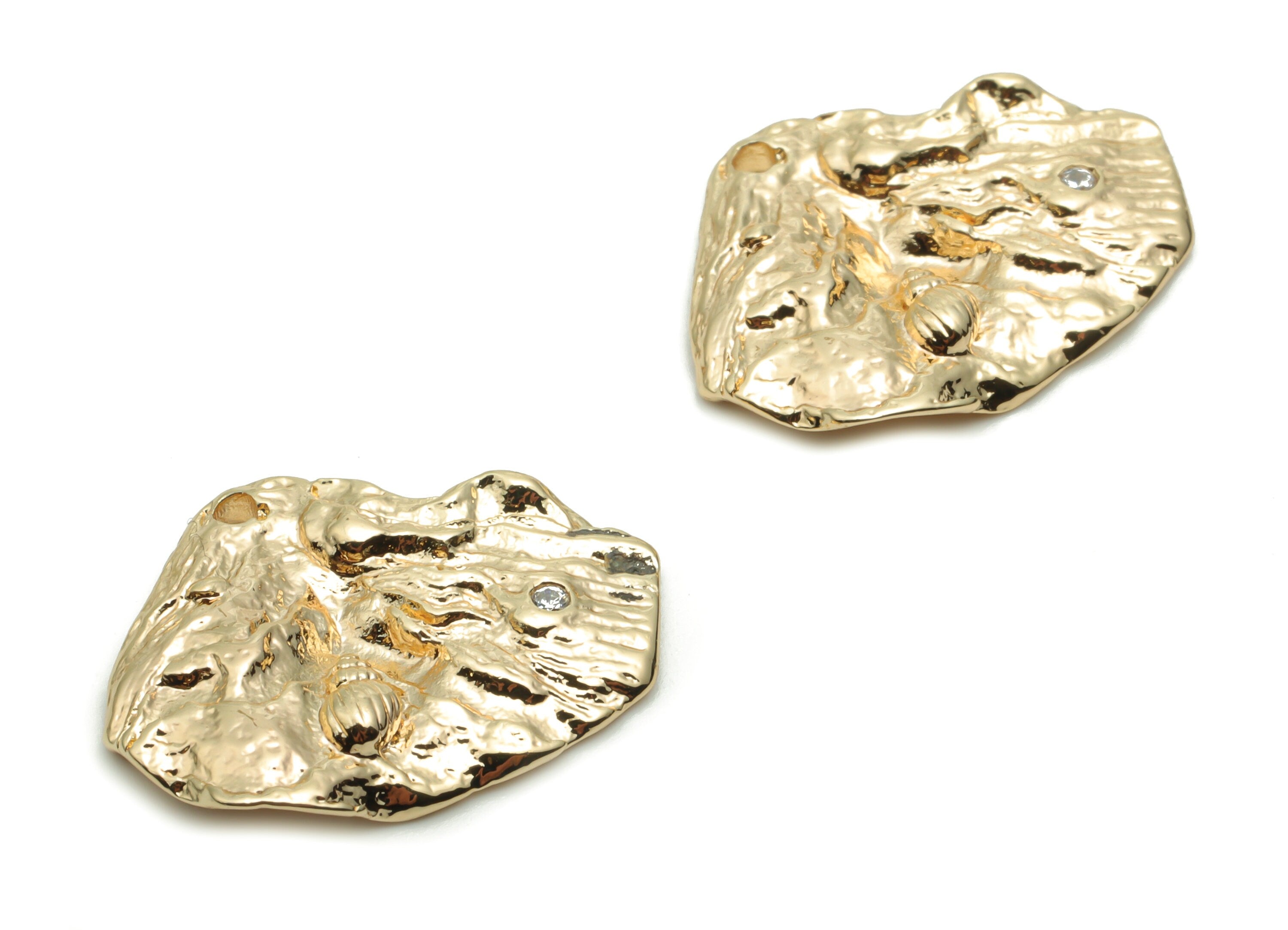 Brass Hammered Irregular Charms With Zircons - Gold Look Fassil Irregular Pendant - 18K Real Gold Plated Brass - 21.56x15.92x2.1mm - RGP4272 - DOMEDBAZAAR