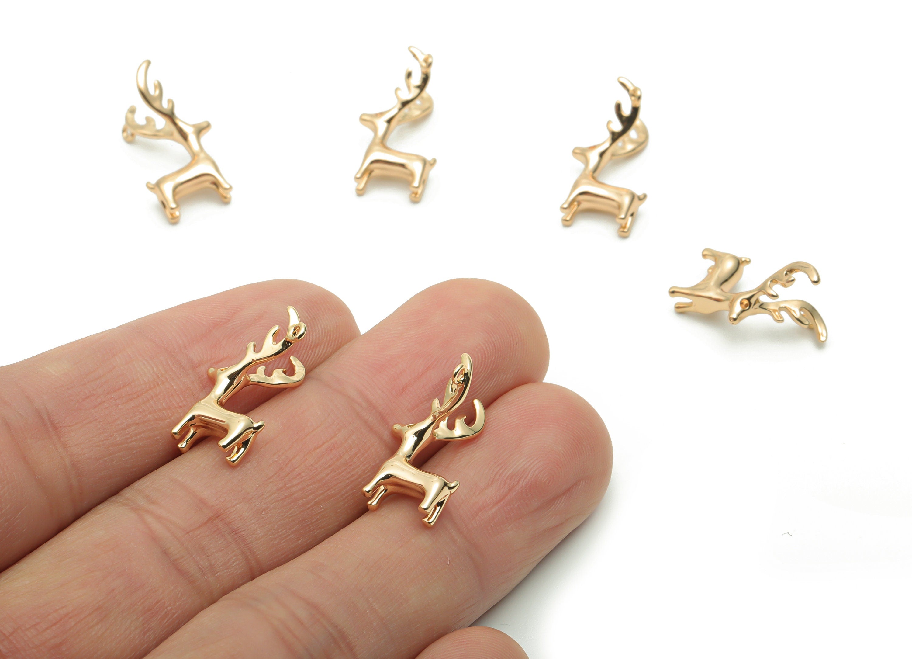 Brass Christmas Deer Earring Charms - Gold Deer Pendant - 18K Real Gold Plated Brass - Jewelry Making Supplies - 18.38x9.69x3.58mm - RGP4265 - DOMEDBAZAAR