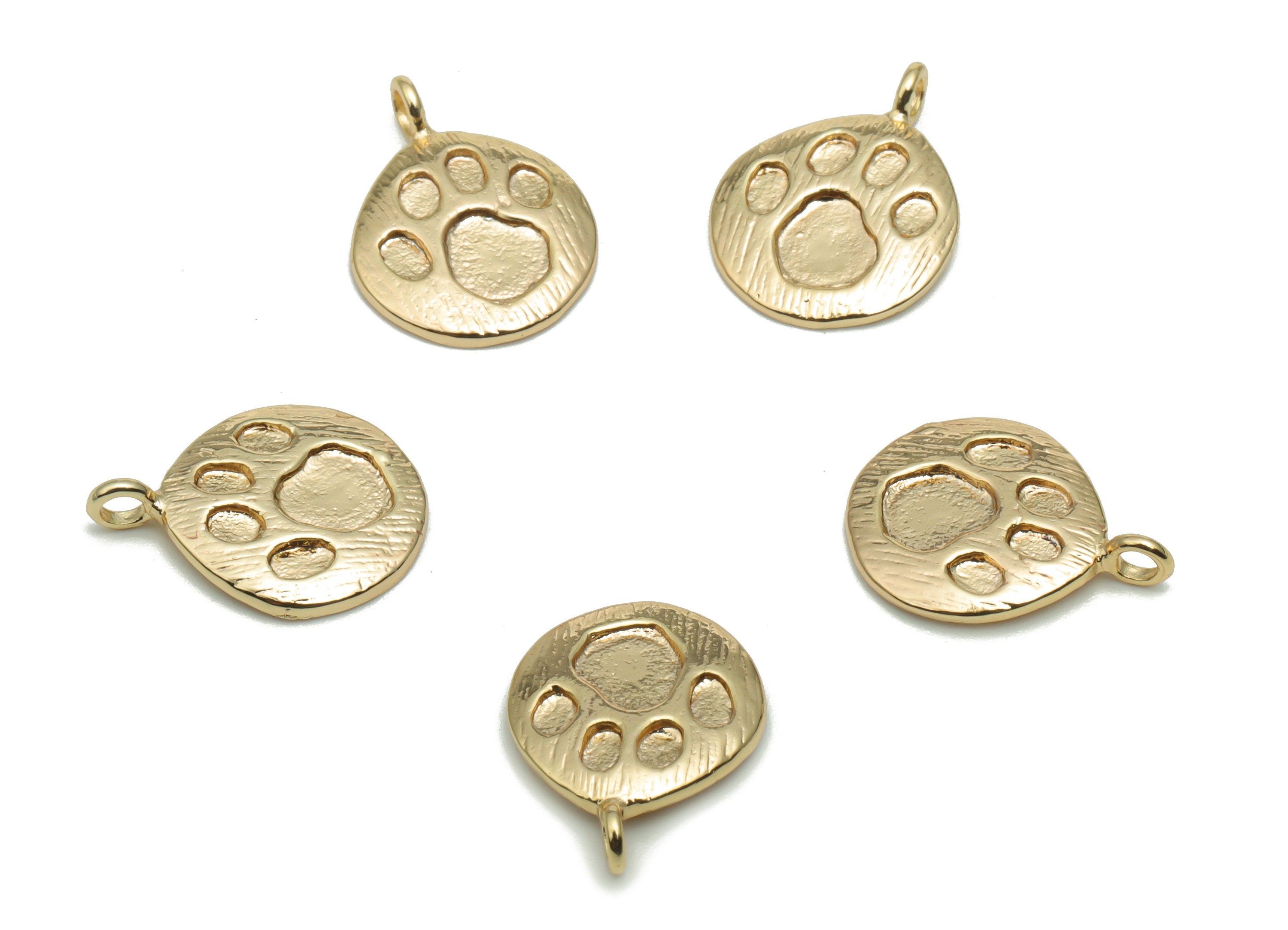Brass Texture Round Footprint Earring Charms - Gold Bear Footprint Circle Pendant - 18K Real Gold Plated Brass - 14.65x11.12x1.5mm - RGP4287 - DOMEDBAZAAR