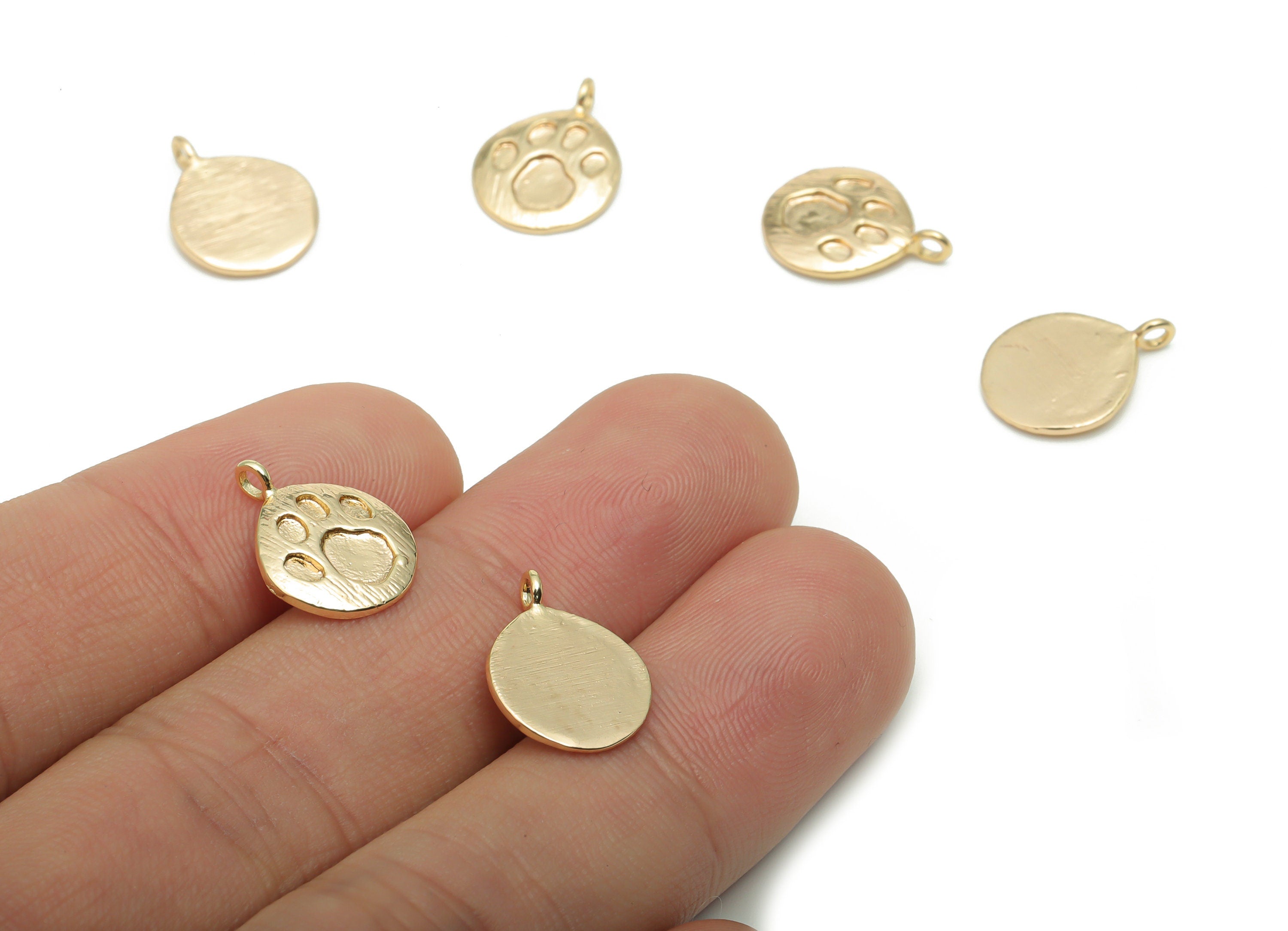 Brass Texture Round Footprint Earring Charms - Gold Bear Footprint Circle Pendant - 18K Real Gold Plated Brass - 14.65x11.12x1.5mm - RGP4287 - DOMEDBAZAAR