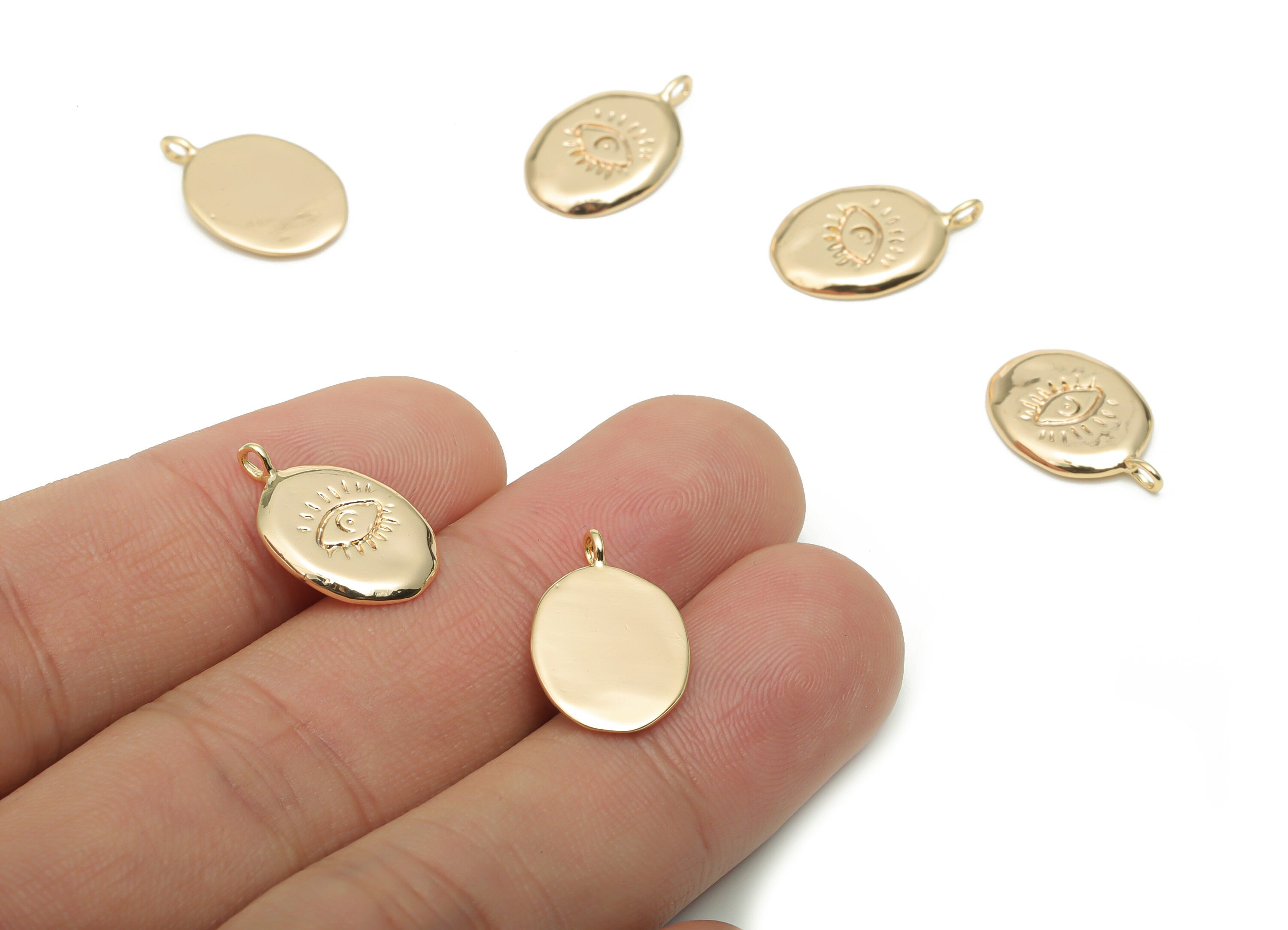 Brass Oval Eye Earring Charms - Gold Eyelash Oval Pendant - 18K Real Gold Plated Brass - Jewelry Making Supplies - 17.6x11.3x1.4mm - RGP4285 - DOMEDBAZAAR