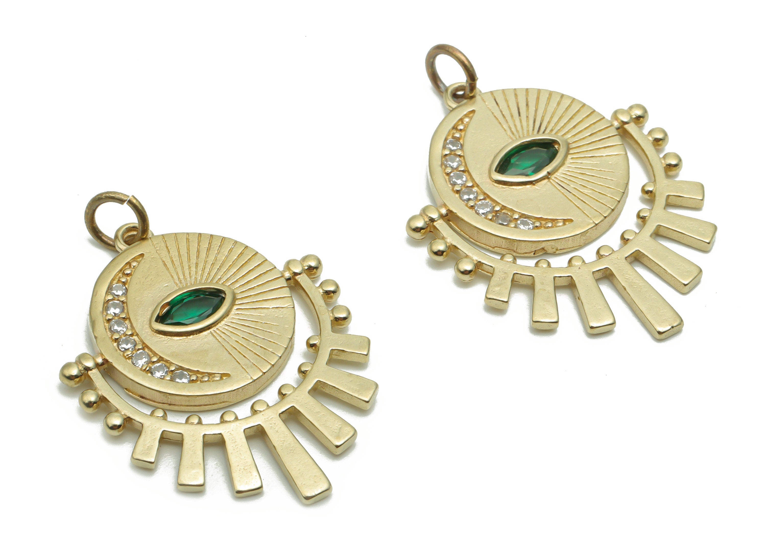 Brass Round Eye Moon Earring Charms With Zircons - Raw Brass Sun Crescent Circle Pendant - Jewelry Supplies - 27.53x21.86x2.29mm - PP5089 - DOMEDBAZAAR