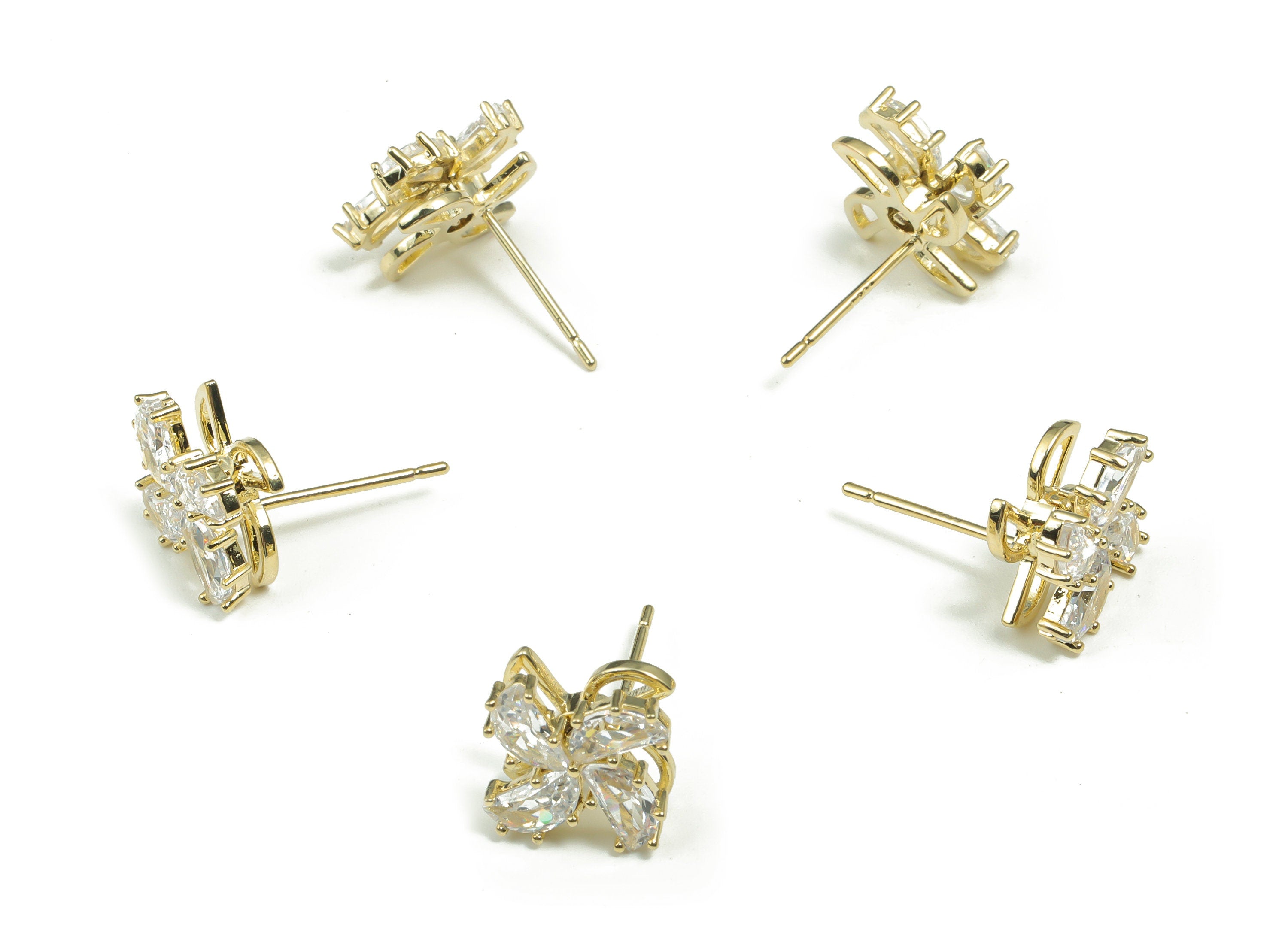 Brass Flower Earring Stud With Zircons - Gold Flower Post - Turning Earrings - 14K Real Gold Plated Brass - 10.47x10.47x4.61mm - RGP4173 - DOMEDBAZAAR