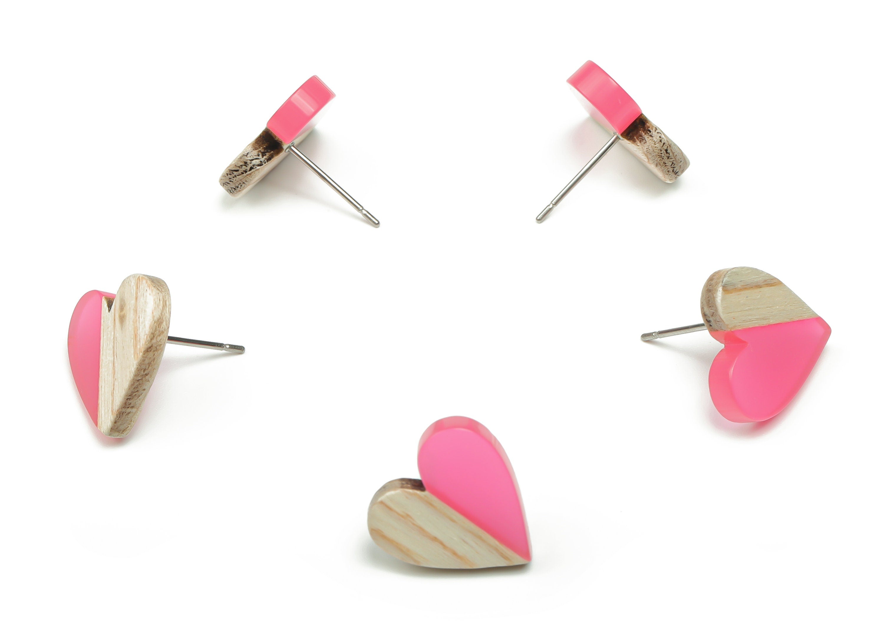 Resin Heart Earring Stud - Plain Wood Heart Post - 316 Surgical Stainless Steel Stud - Jewelry Making Supplies - 14.76x14.3x3.12mm - BB1133H - DOMEDBAZAAR