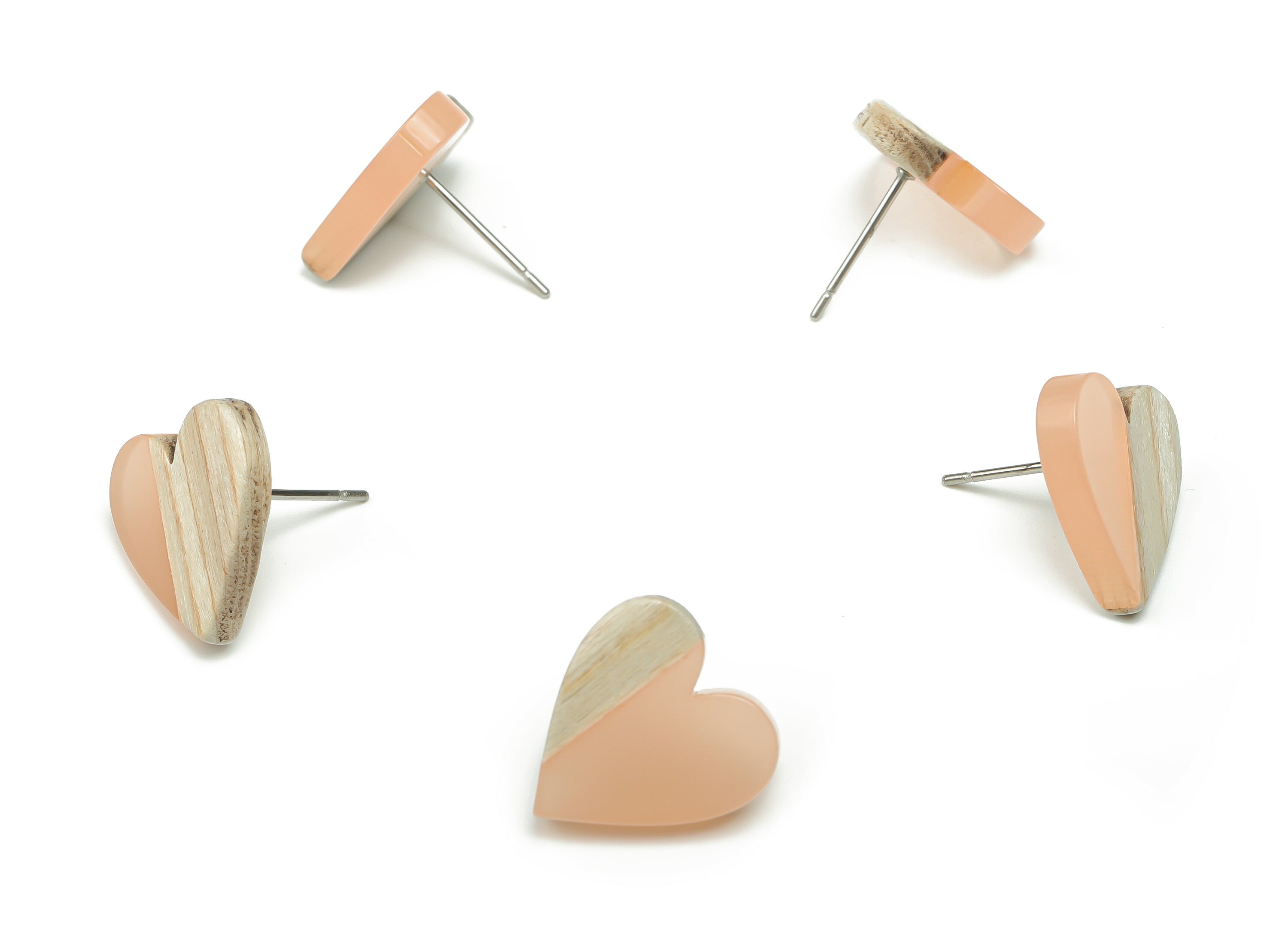 Resin Heart Earring Stud - Plain Wood Heart Post - 316 Surgical Stainless Steel Stud - Jewelry Making Supplies - 14.76x14.3x3.12mm - BB1133K - DOMEDBAZAAR
