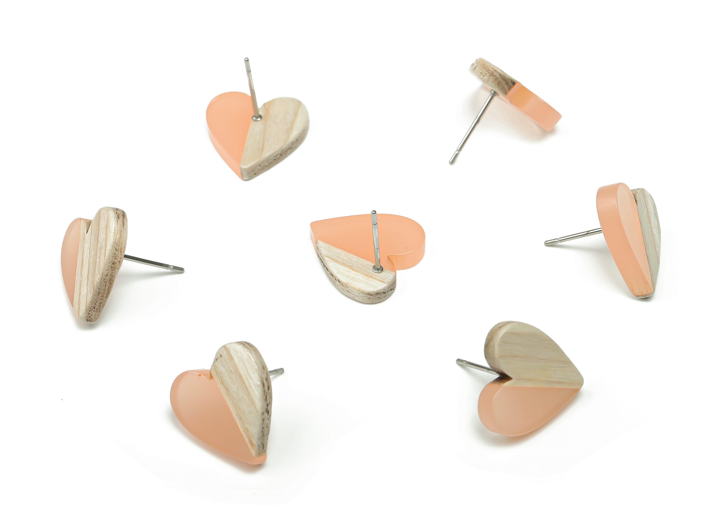 Resin Heart Earring Stud - Plain Wood Heart Post - 316 Surgical Stainless Steel Stud - Jewelry Making Supplies - 14.76x14.3x3.12mm - BB1133K - DOMEDBAZAAR