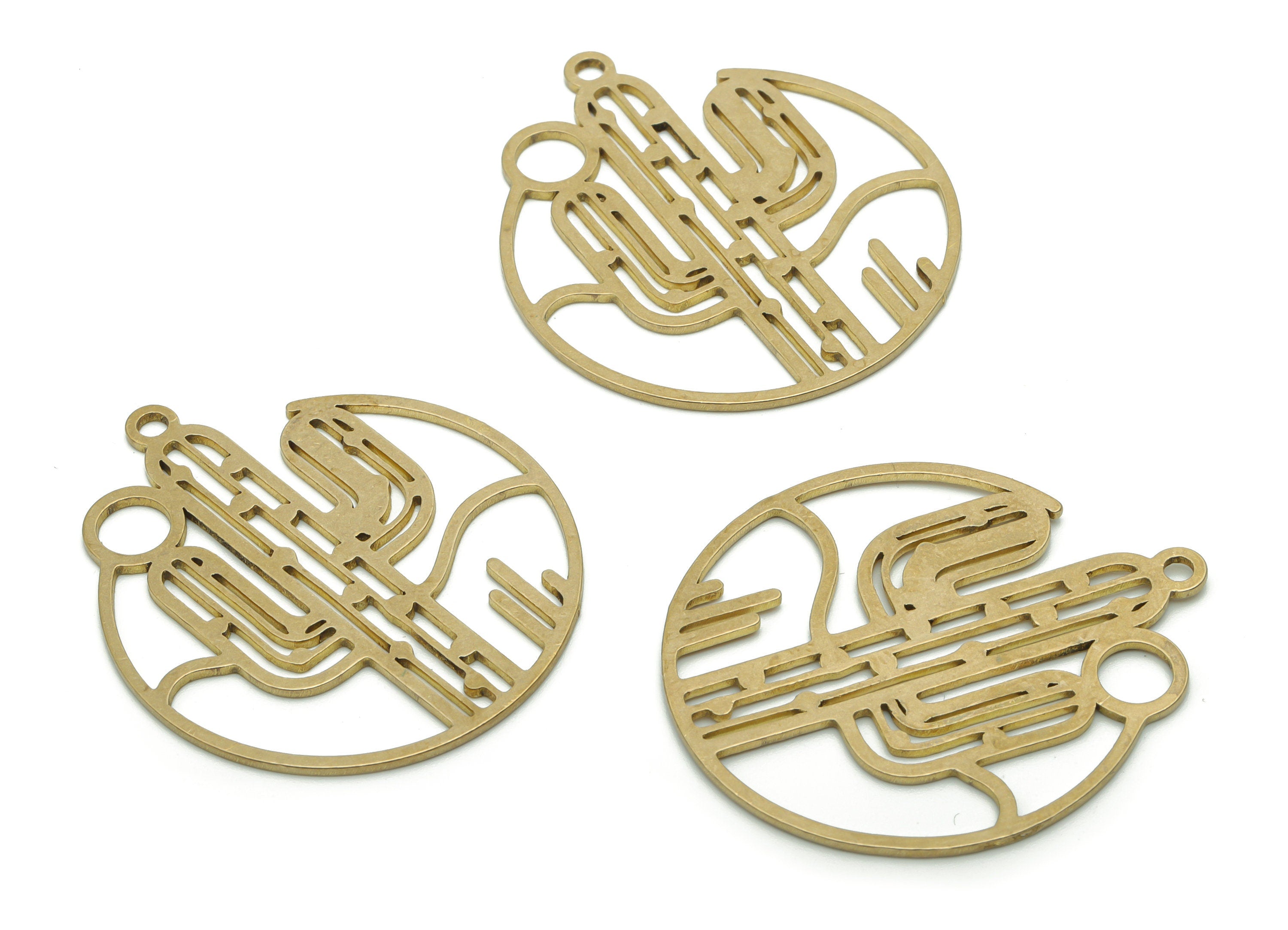 Brass Round Cactus Earring Charms - Raw Brass Cactus Circle Pendant - Jewelry Making Supplies - 37.66x32.82x0.96mm - PPA1253 - DOMEDBAZAAR