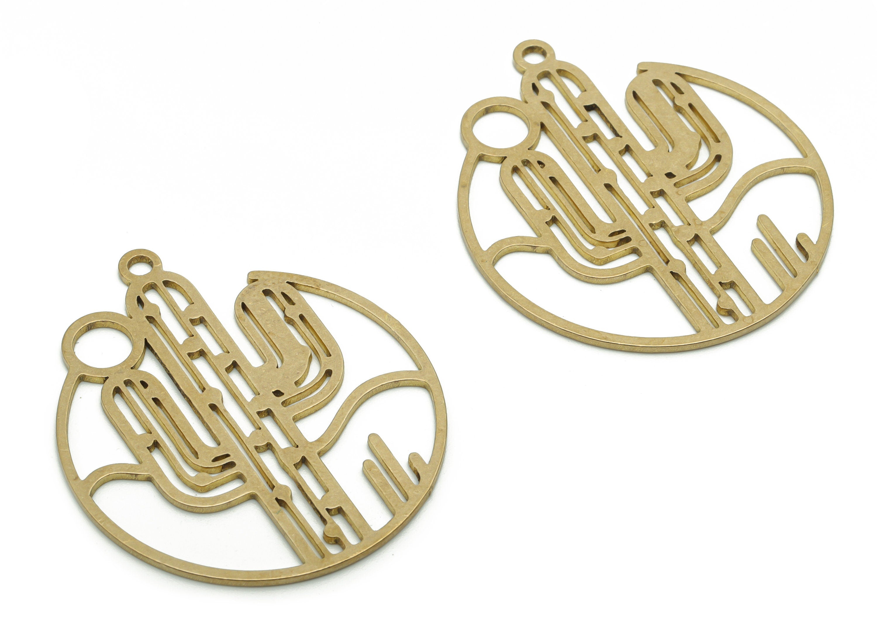 Brass Round Cactus Earring Charms - Raw Brass Cactus Circle Pendant - Jewelry Making Supplies - 37.66x32.82x0.96mm - PPA1253 - DOMEDBAZAAR