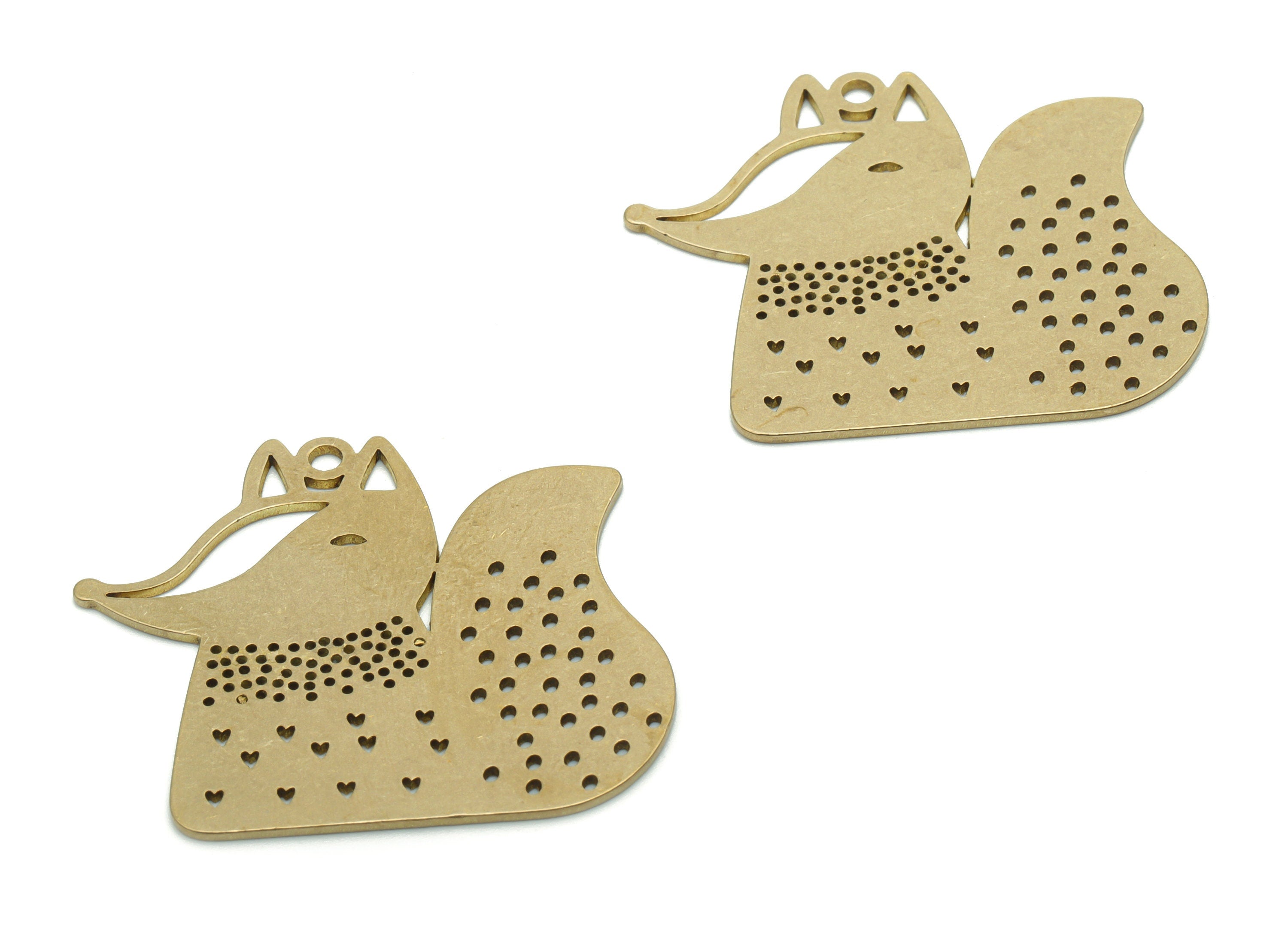 Brass Bubble Heart Fox Earring Charms - Raw Brass Bubble Heart Fox Pendant - DIY Jewelry Making Supplies - 34.15x29.63x0.74mm - PPA1145 - DOMEDBAZAAR