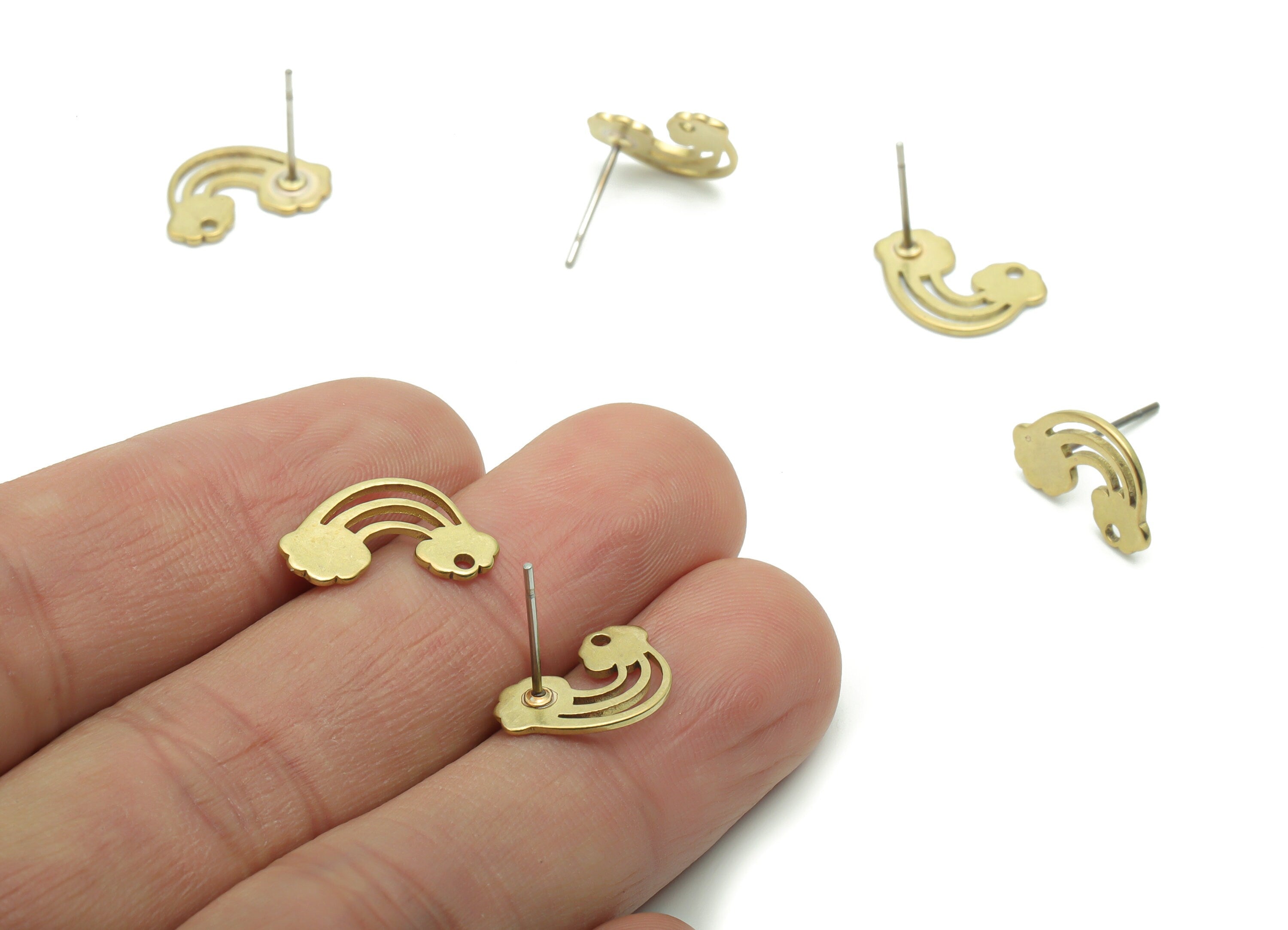 Brass Rainbow Earring Stud - Raw Brass Rainbow Earring Post - 316 Surgical Stainless Steel Stud - Jewelry Supplies - 14.5x9.4x0.9mm - PP5097 - DOMEDBAZAAR