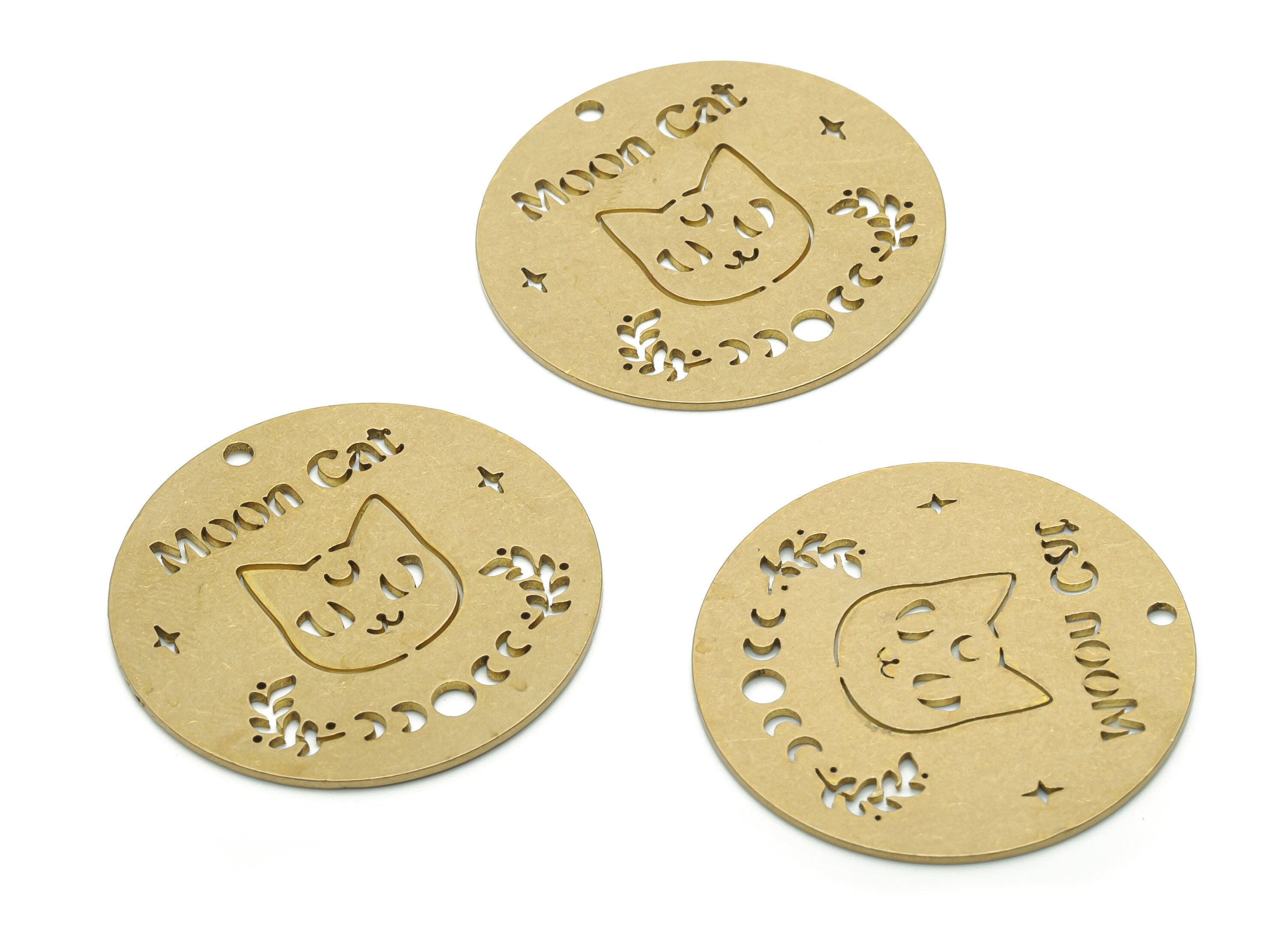 Brass Round Moon Cat Words Phrase Earring Charms - Raw Brass Phase Of Moon Pendant - Jewelry Making Supplies - 34.82x34.8x0.9mm - PPZ0107 - DOMEDBAZAAR