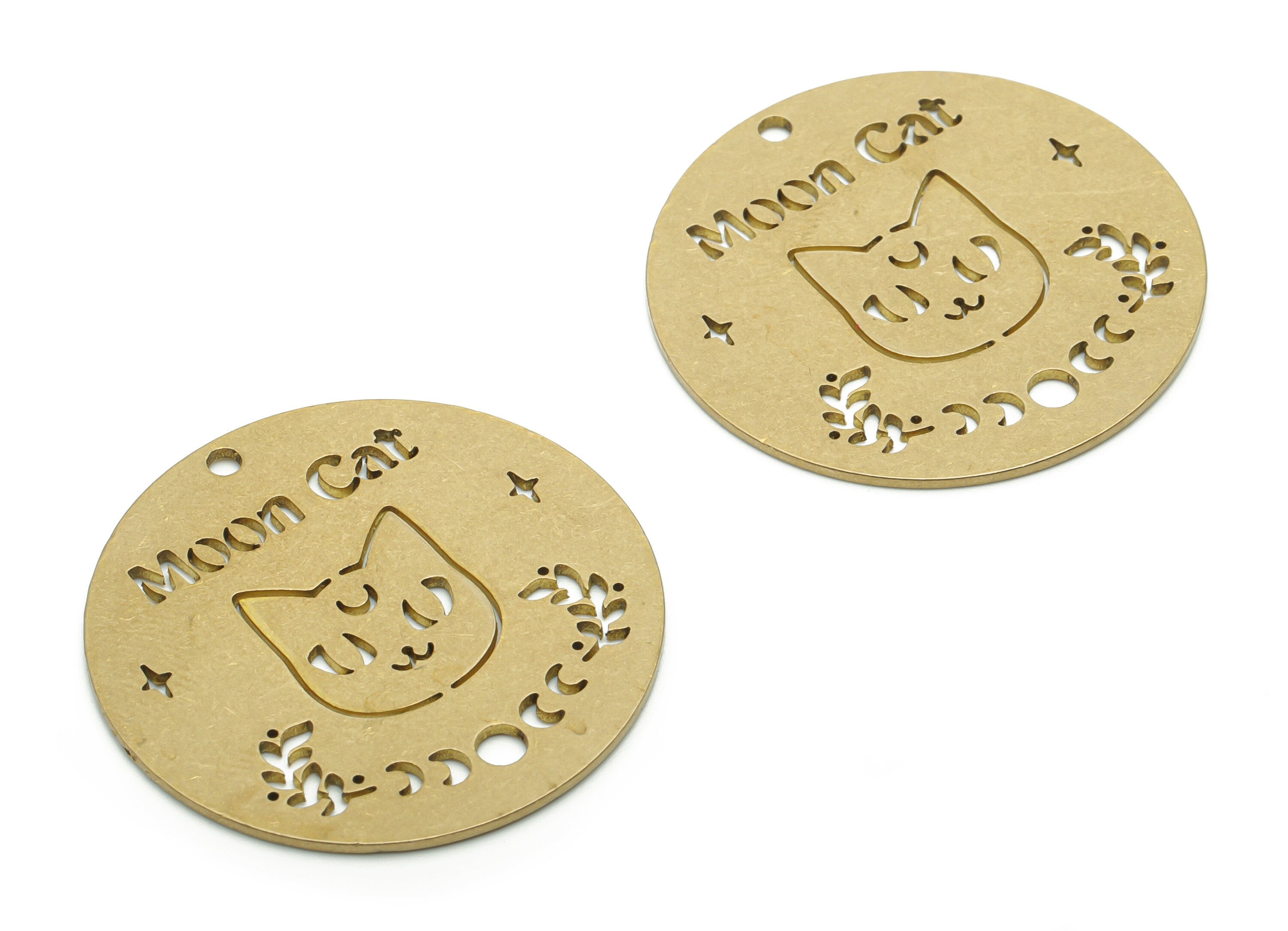 Brass Round Moon Cat Words Phrase Earring Charms - Raw Brass Phase Of Moon Pendant - Jewelry Making Supplies - 34.82x34.8x0.9mm - PPZ0107 - DOMEDBAZAAR