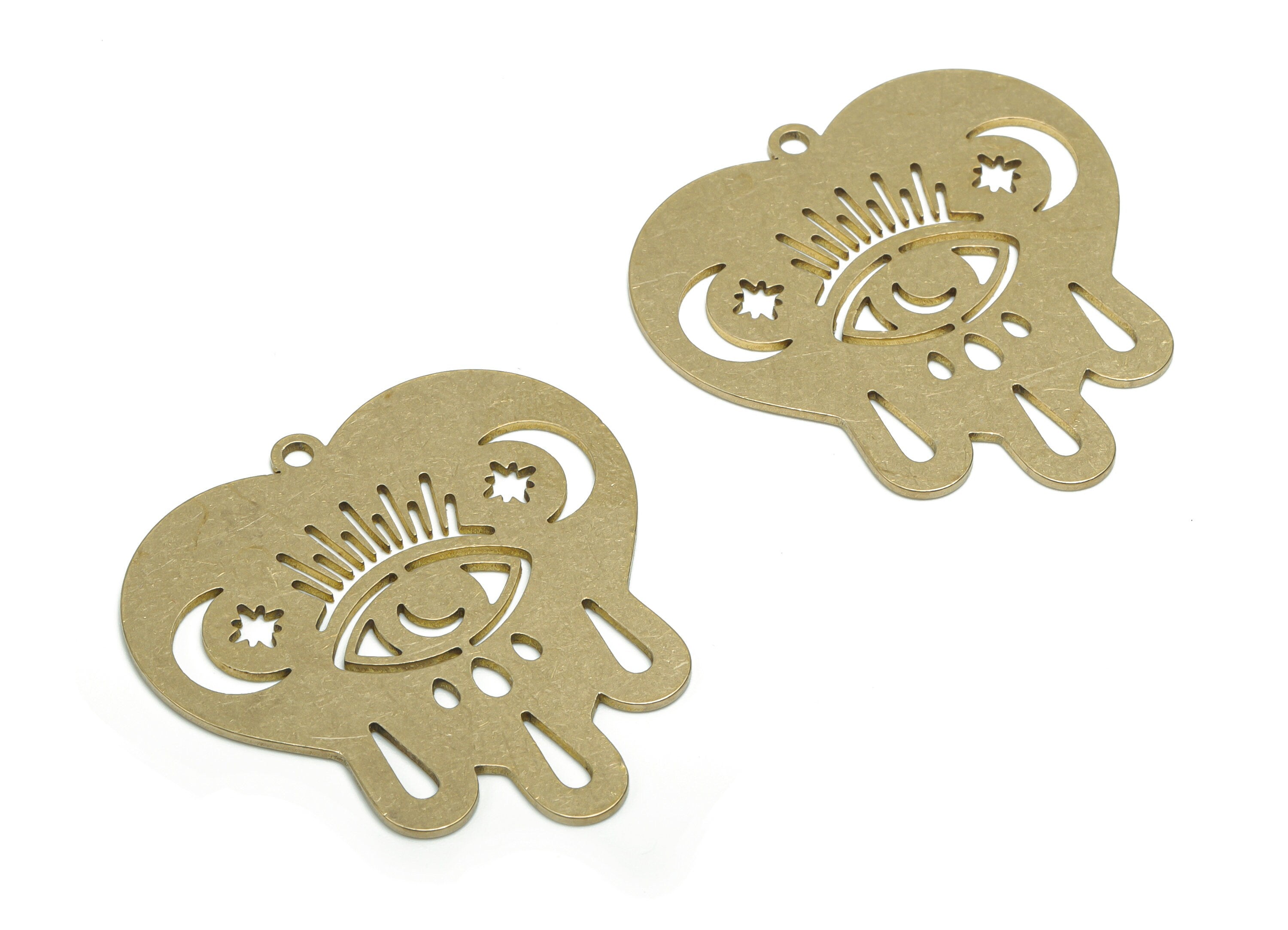 Brass Heart Eye Planet Earring Charms - Raw Brass Moon Star Drop Pendant - DIY Jewelry Making Supplies - 38.45x37.78x0.87mm - PPZ0068 - DOMEDBAZAAR