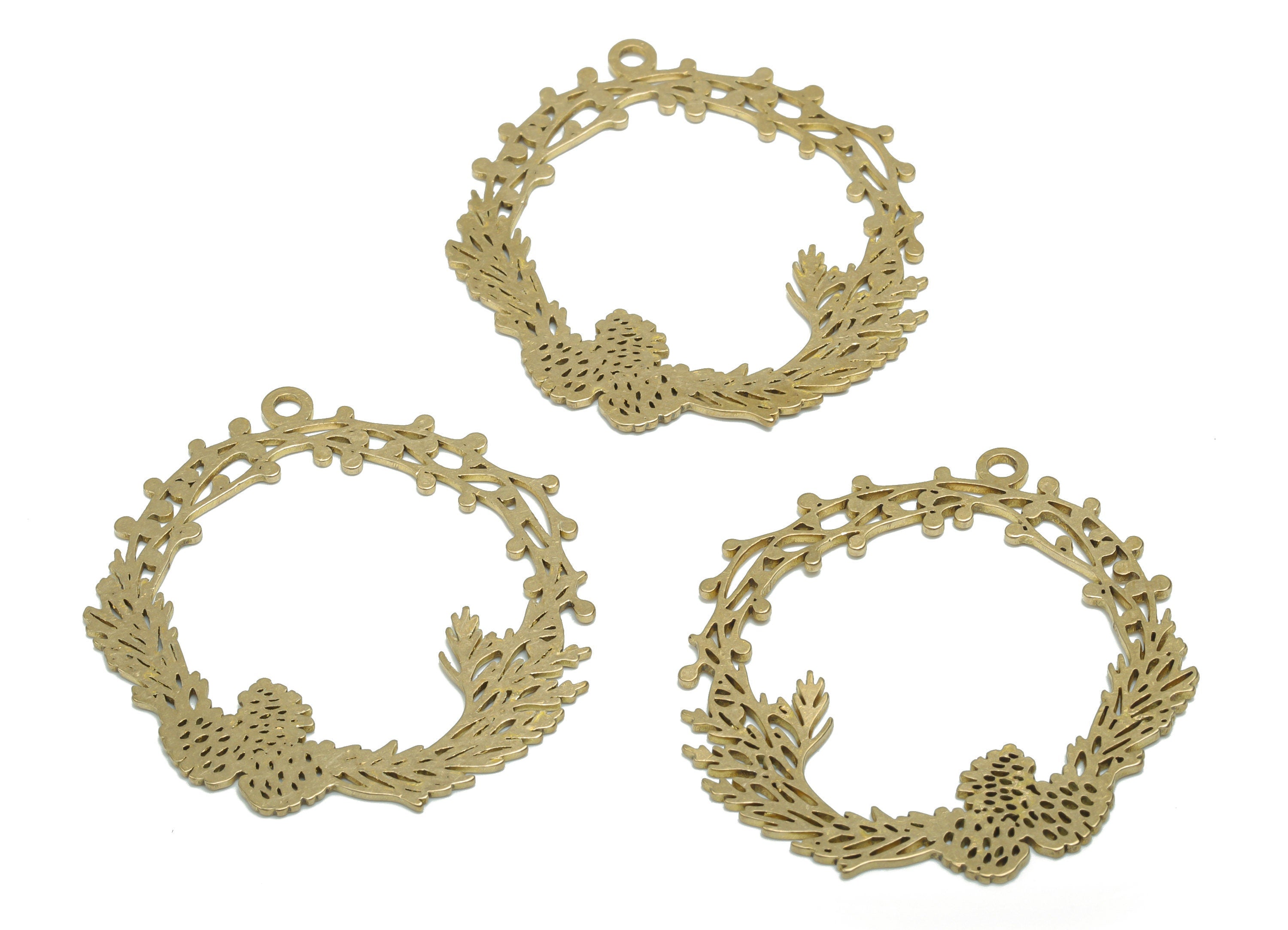 Brass Round Branch Earring Charms - Raw Brass Circle Flowers Pendant - Jewelry Making Supplies - 39.65x36.23x0.84mm - PPZ0138 - DOMEDBAZAAR