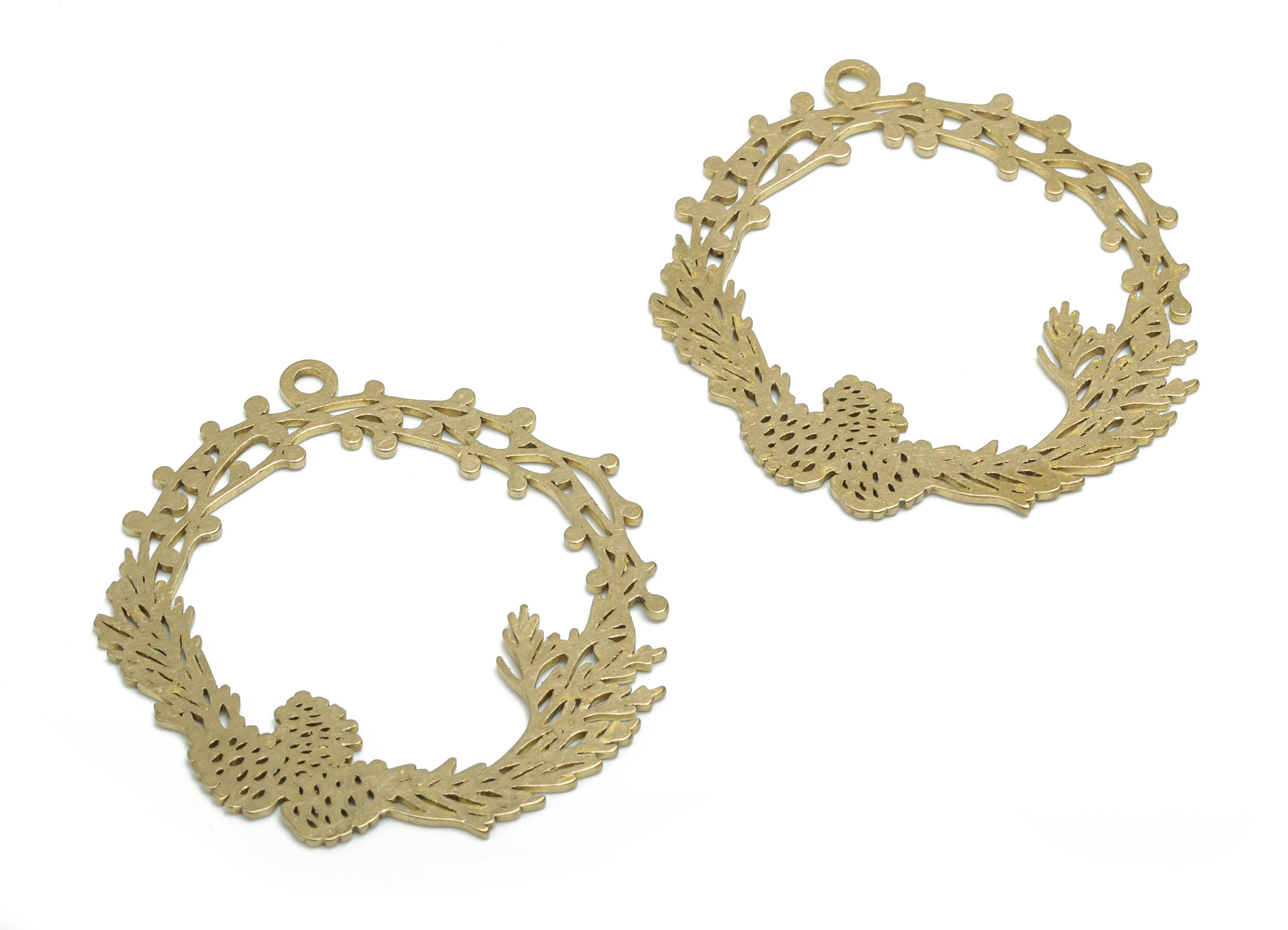 Brass Round Branch Earring Charms - Raw Brass Circle Flowers Pendant - Jewelry Making Supplies - 39.65x36.23x0.84mm - PPZ0138 - DOMEDBAZAAR
