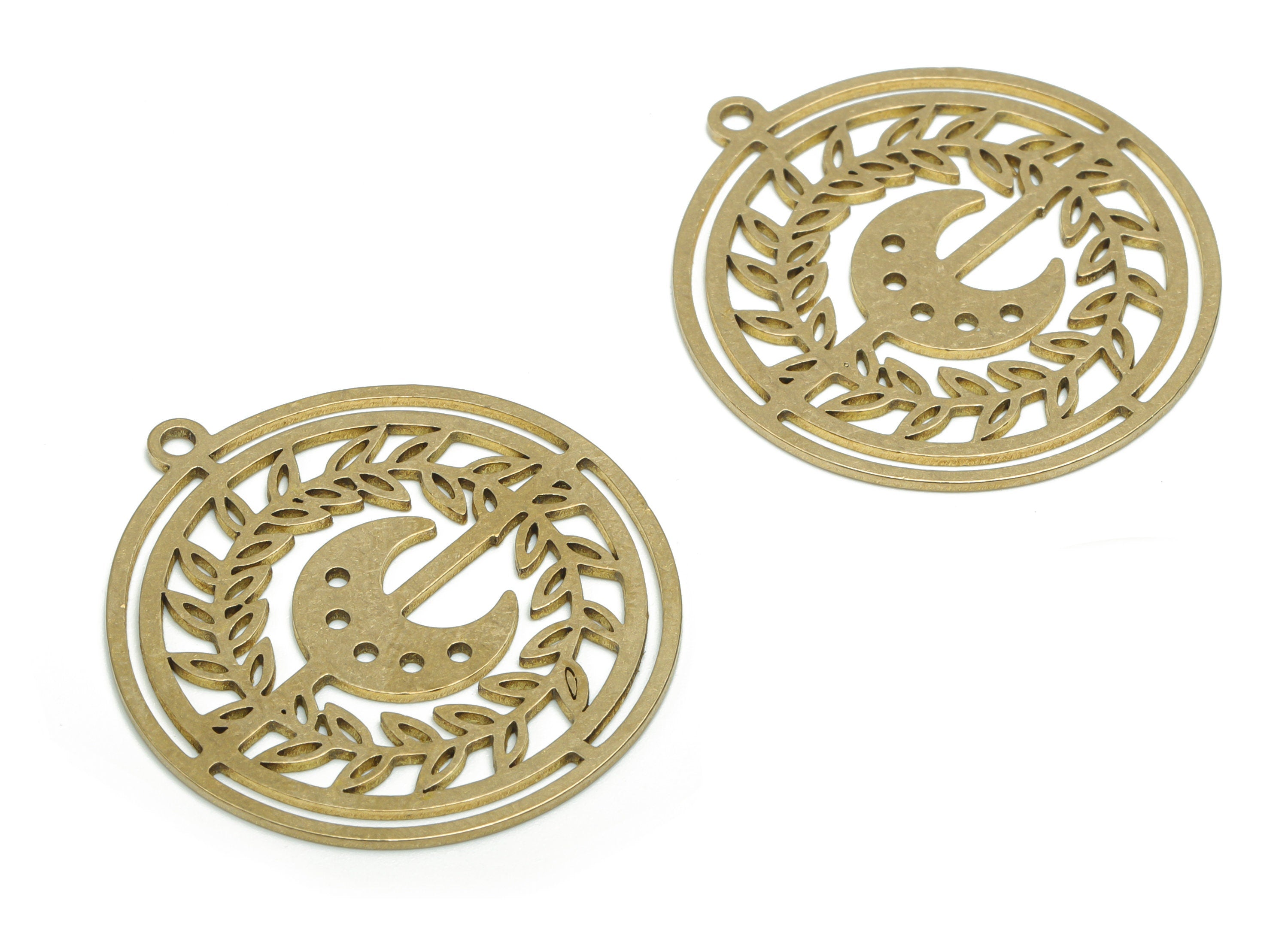 Brass Round Branch Moon Earring Charms - Raw Brass Crescent Circle Pendant - DIY Jewelry Making Supplies - 34.79x32.05x0.85mm - PPA1281 - DOMEDBAZAAR