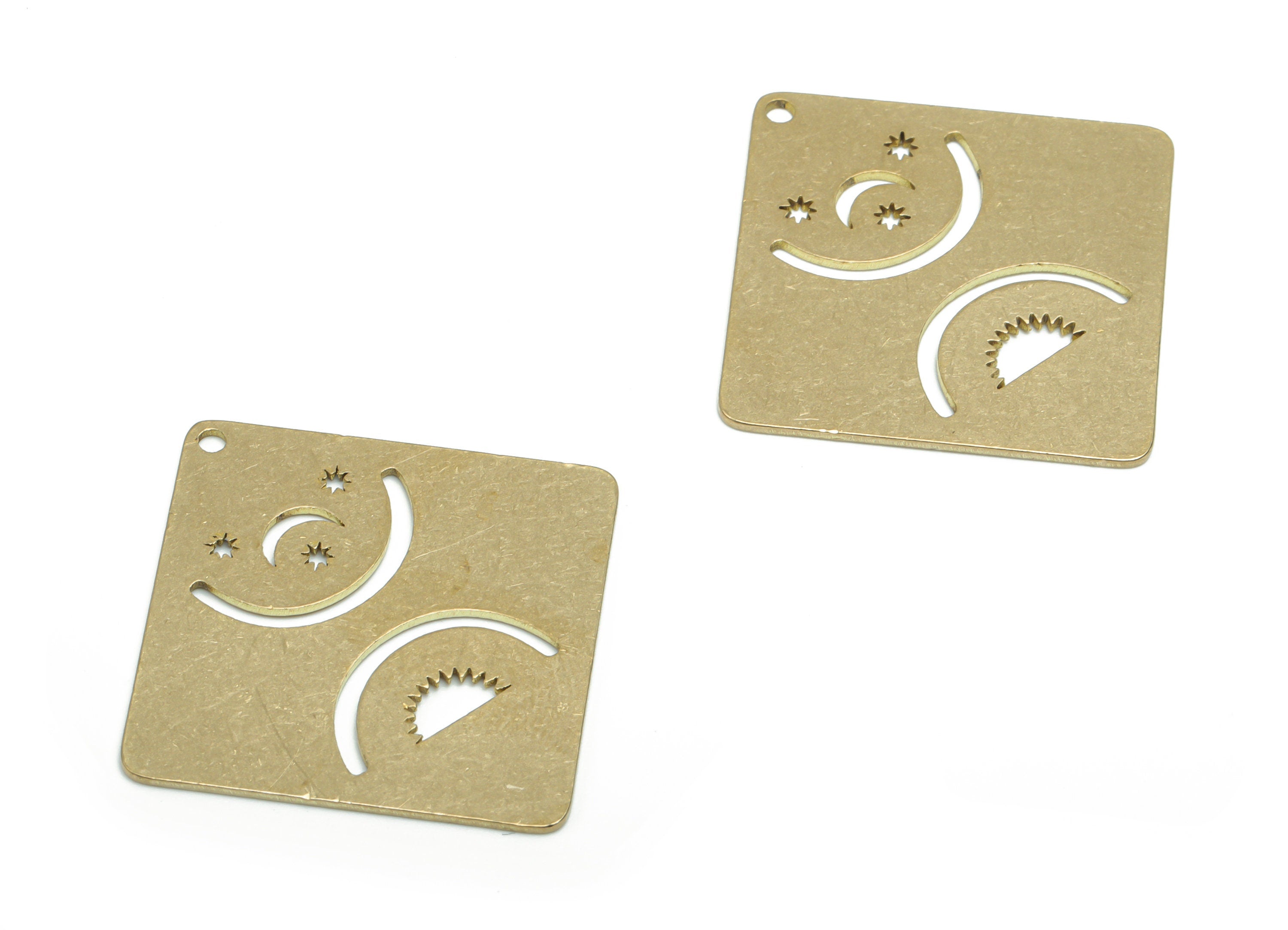 Brass Square Moon Planet Earring Charms - Raw Brass Crescent Sun Square Pendant - Jewelry Making Supplies - 34.84x34.69x0.75mm - PPA1009 - DOMEDBAZAAR