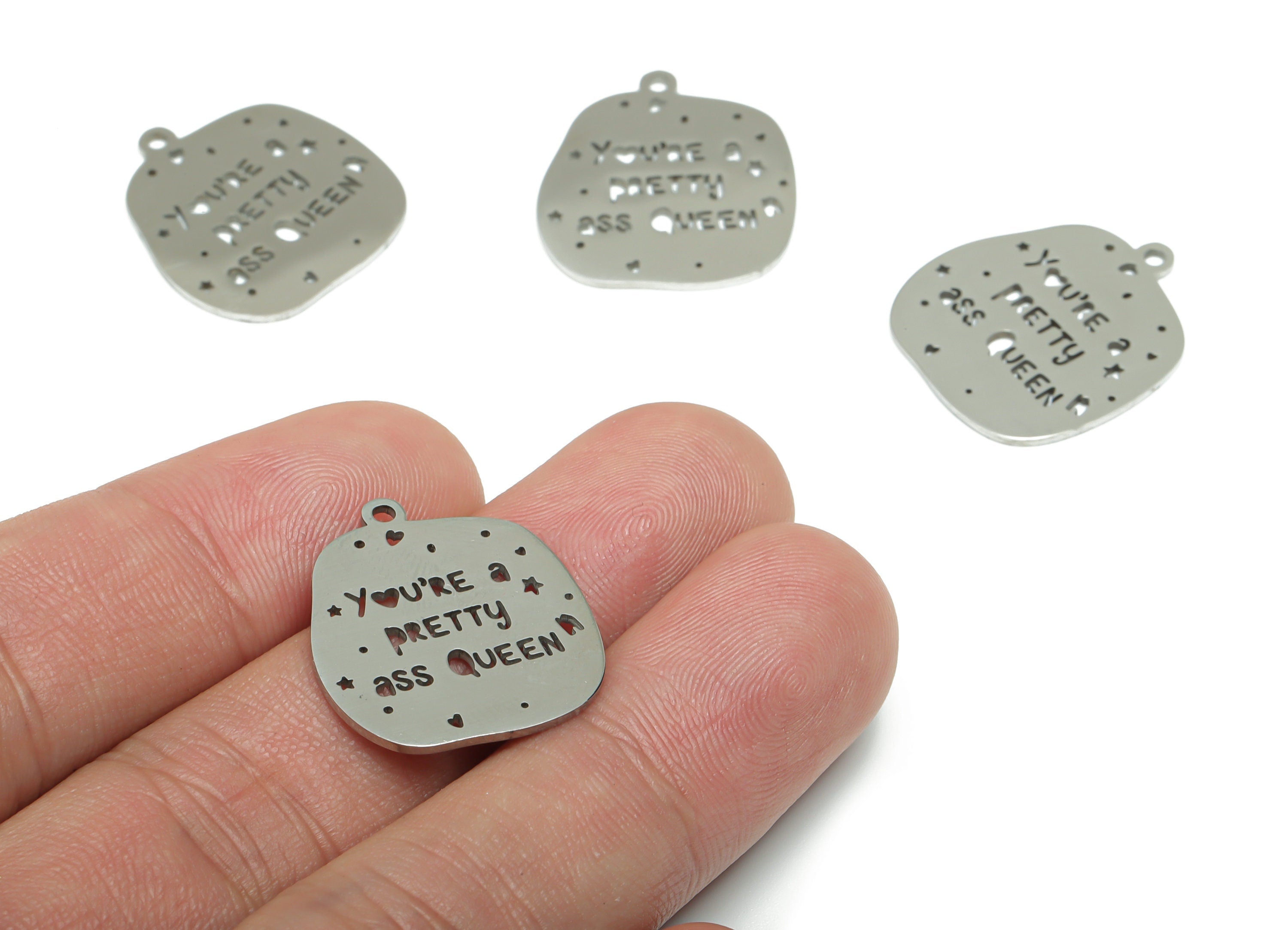Stainless Steel  You’RE A PRETTY QUEEN Earring Charms - Stainless Steel Words Phrase Star Heart Pendant - 22.33x19.73x0.8mm - SSZS0016 - DOMEDBAZAAR