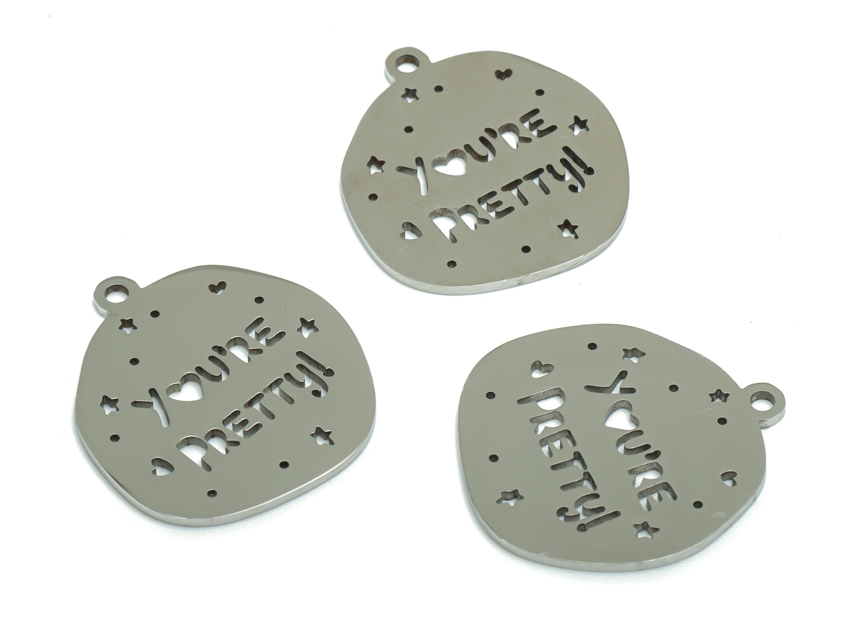 Stainless Steel  You ’Re Pretty！Earring Charms - Stainless Steel Phrase Words Star Heart Pendant - 22.01x19.65x0.9mm - SSZS0010 - DOMEDBAZAAR