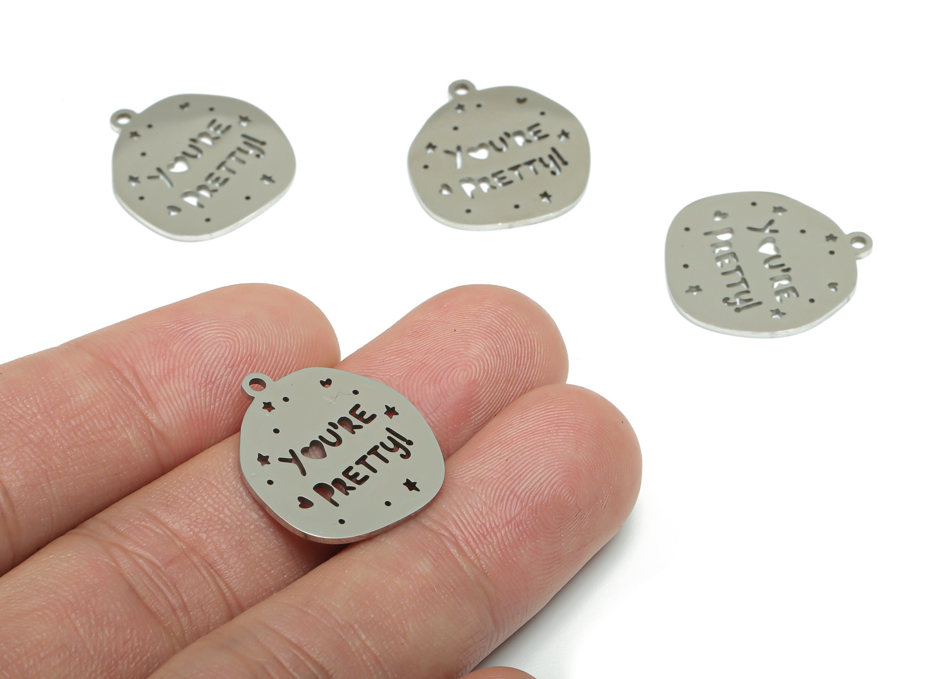 Stainless Steel  You ’Re Pretty！Earring Charms - Stainless Steel Phrase Words Star Heart Pendant - 22.01x19.65x0.9mm - SSZS0010 - DOMEDBAZAAR