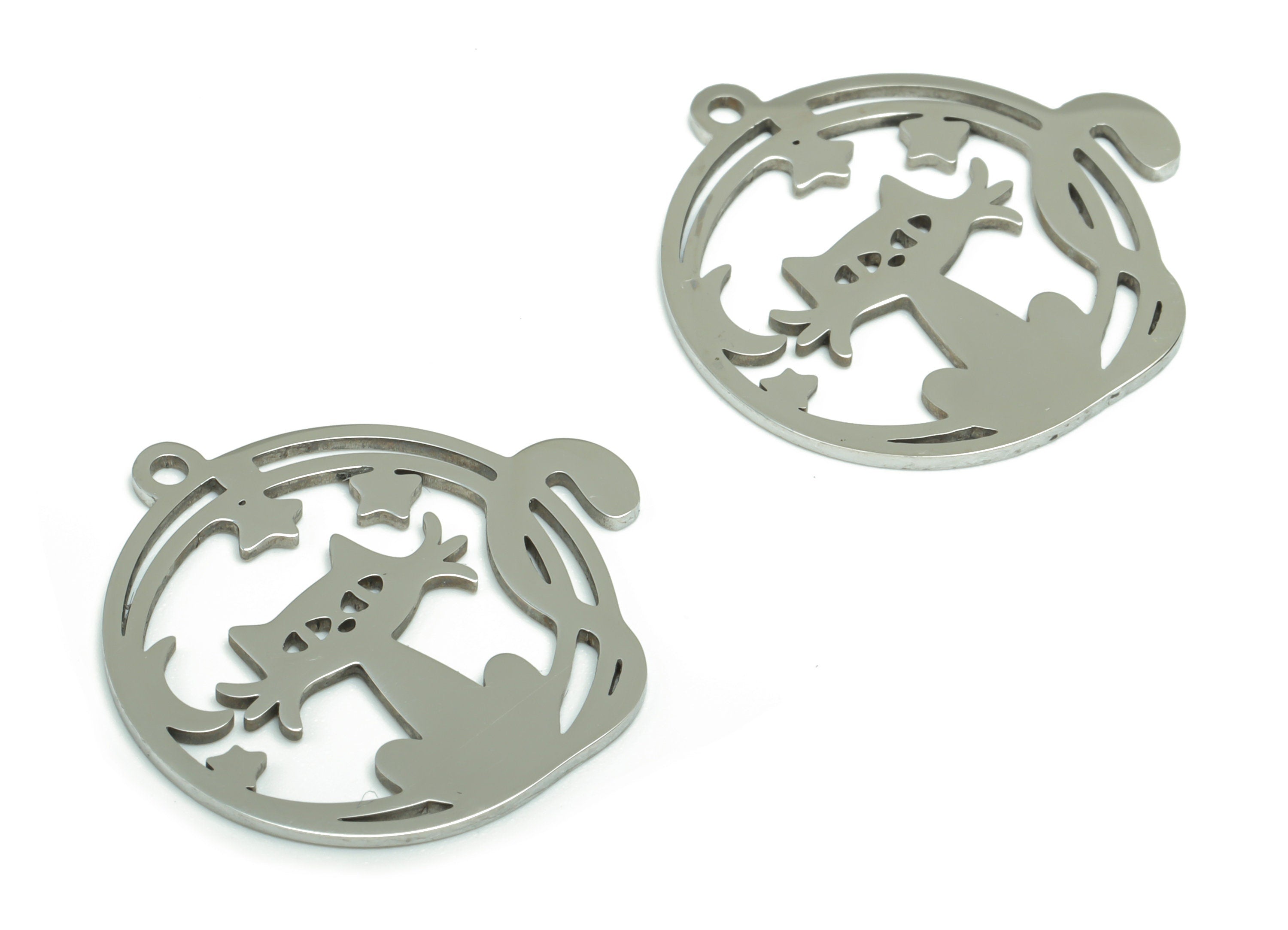 Stainless Steel Round Cat Crescent Earring Charms - Stainless Steel Moon Star Circle Pendant - Jewelry Supplies - 25.09x24x0.9mm - SSZS0007 - DOMEDBAZAAR