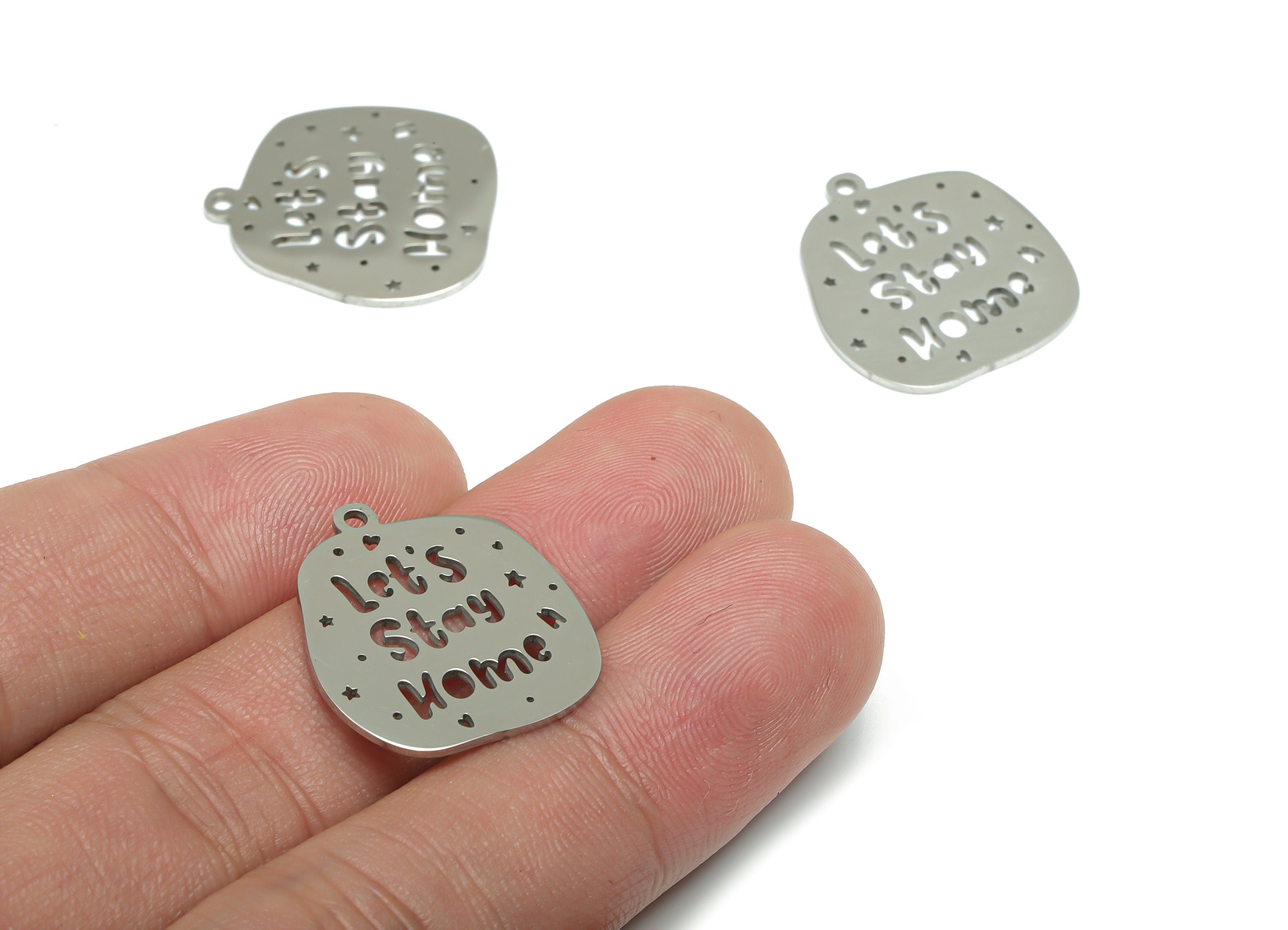 Stainless Steel Let‘s Stay Home Earring Charms - Stainless Steel Phrase Words Star Heart Pendant - 22.23x19.78x0.9mm - SSZS0014 - DOMEDBAZAAR