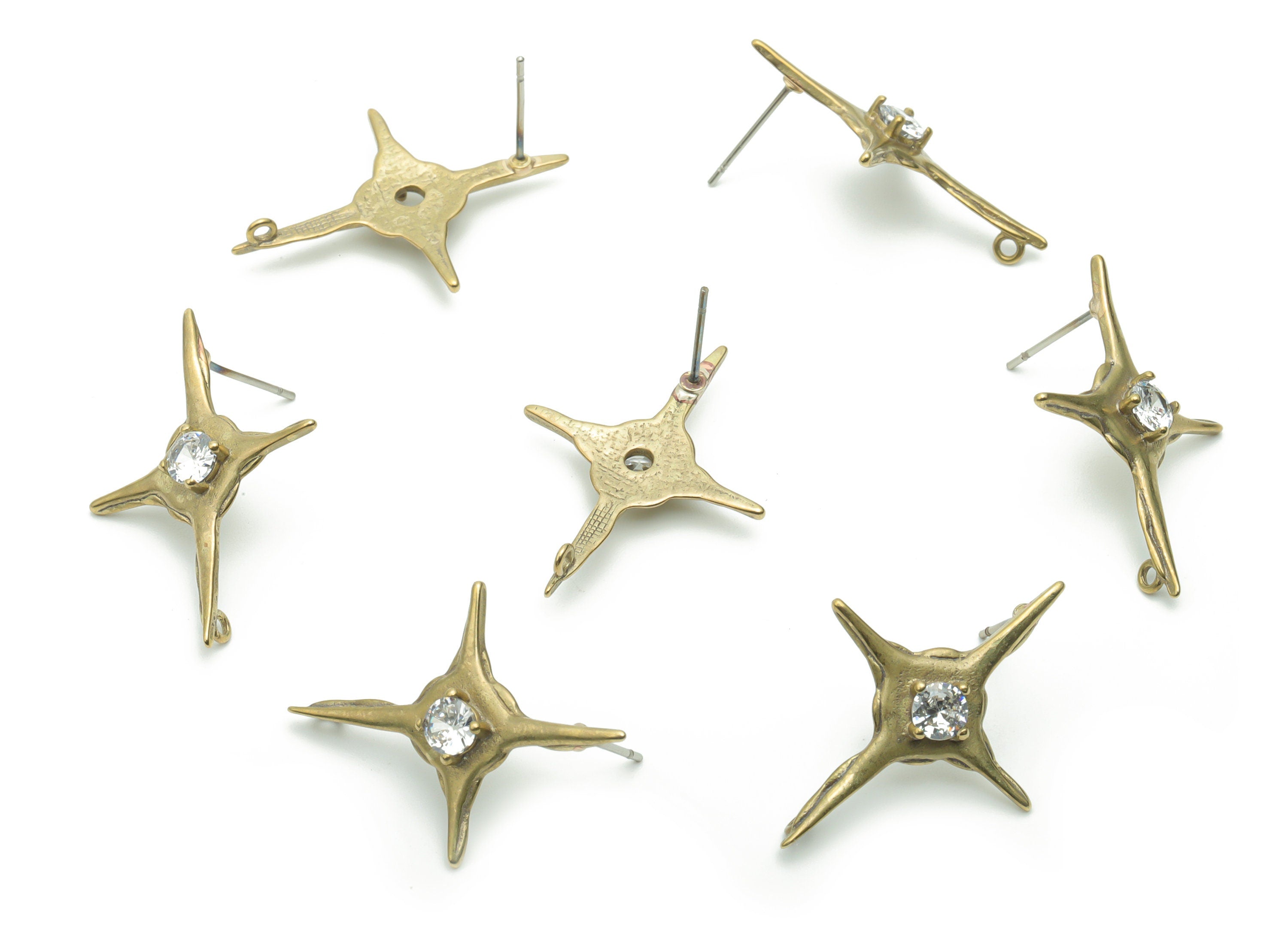 Brass Planet Earring Stud With Zircons - Raw Brass Star Post - 316 Surgical Stainless Steel - Jewelry Supplies - 30.65x22.61x3.52mm - PP5093 - DOMEDBAZAAR