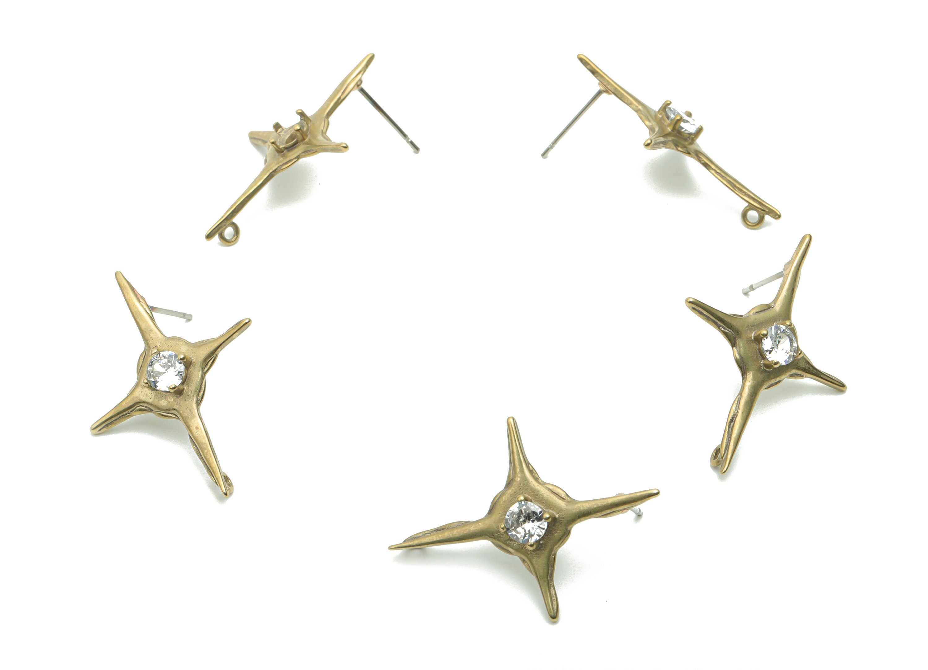 Brass Planet Earring Stud With Zircons - Raw Brass Star Post - 316 Surgical Stainless Steel - Jewelry Supplies - 30.65x22.61x3.52mm - PP5093 - DOMEDBAZAAR