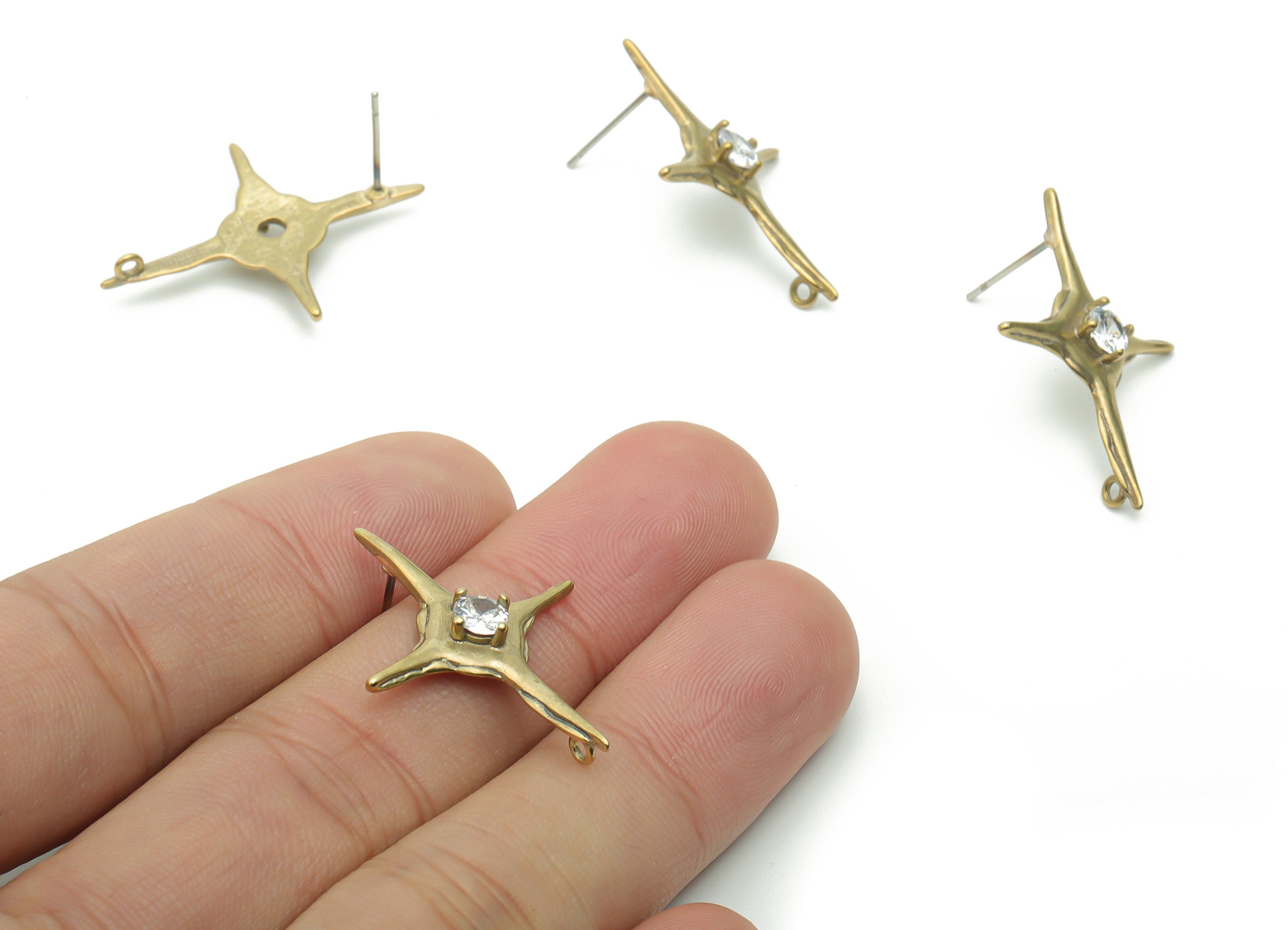 Brass Planet Earring Stud With Zircons - Raw Brass Star Post - 316 Surgical Stainless Steel - Jewelry Supplies - 30.65x22.61x3.52mm - PP5093 - DOMEDBAZAAR