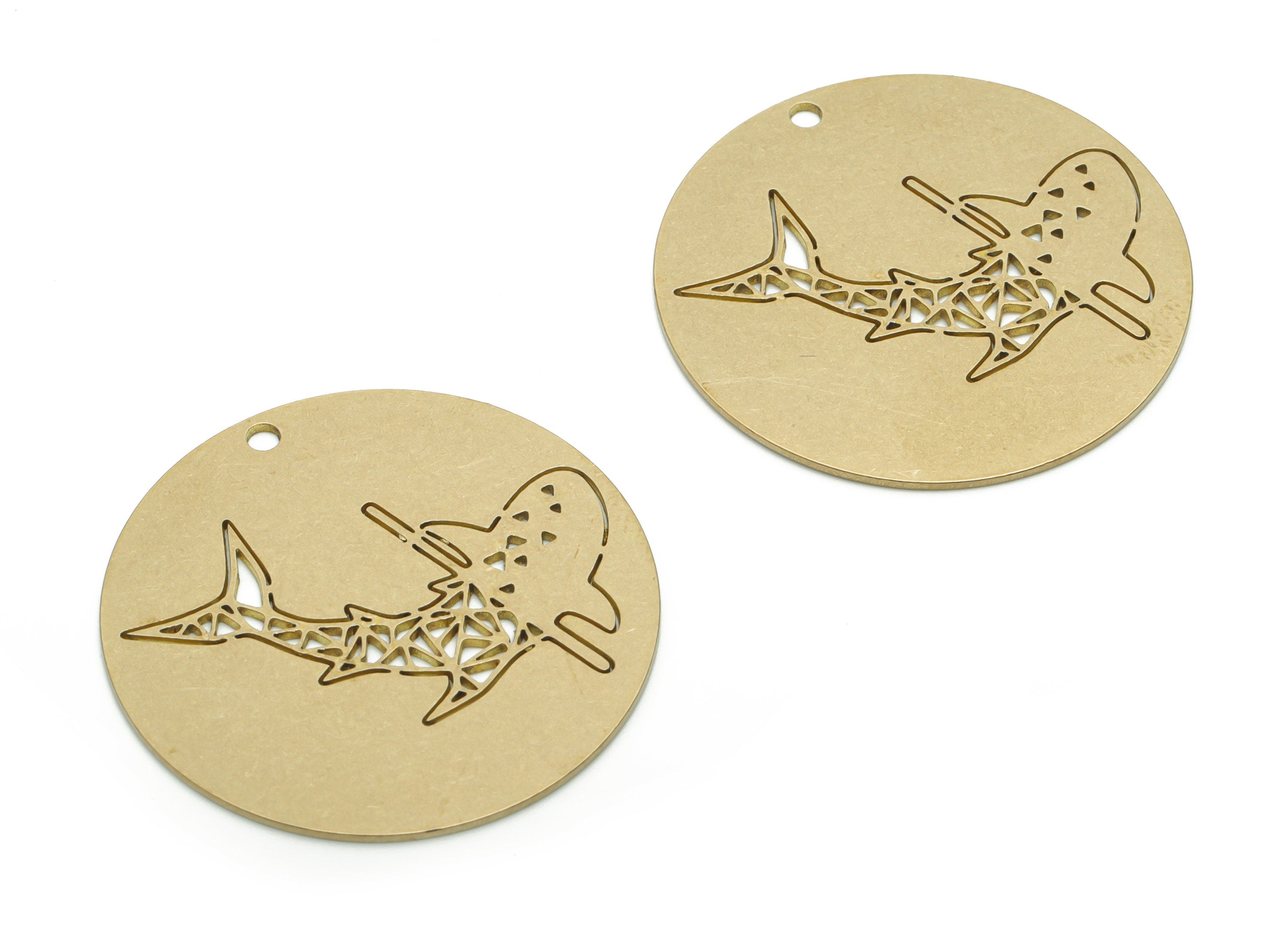 Brass Round Dolphin Earring Charms - Raw Brass Shark Circle Pendant - DIY Jewelry Making Supplies - 34.82x34.82x0.77mm - PPA1260 - DOMEDBAZAAR
