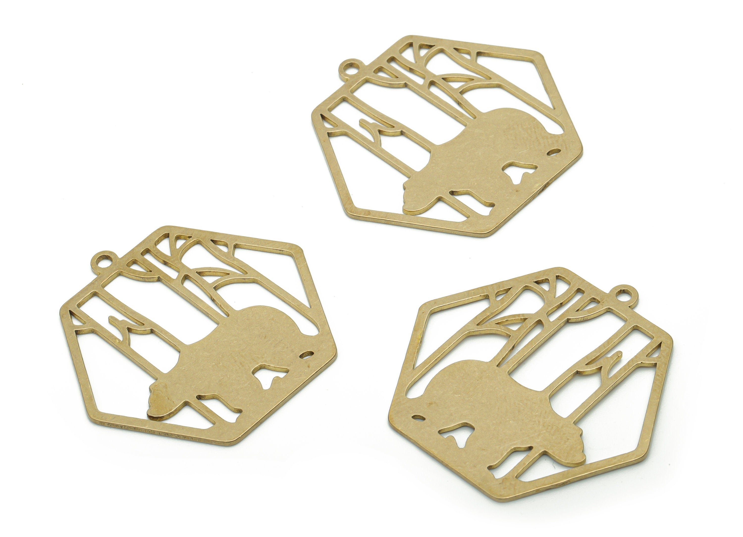 Brass Hexagon Bear Tree Earring Charms - Raw Brass Bear Behind Bar Pendant - DIY Jewelry Making Supplies - 37.59x36.29x0.84mm - PPA1248 - DOMEDBAZAAR