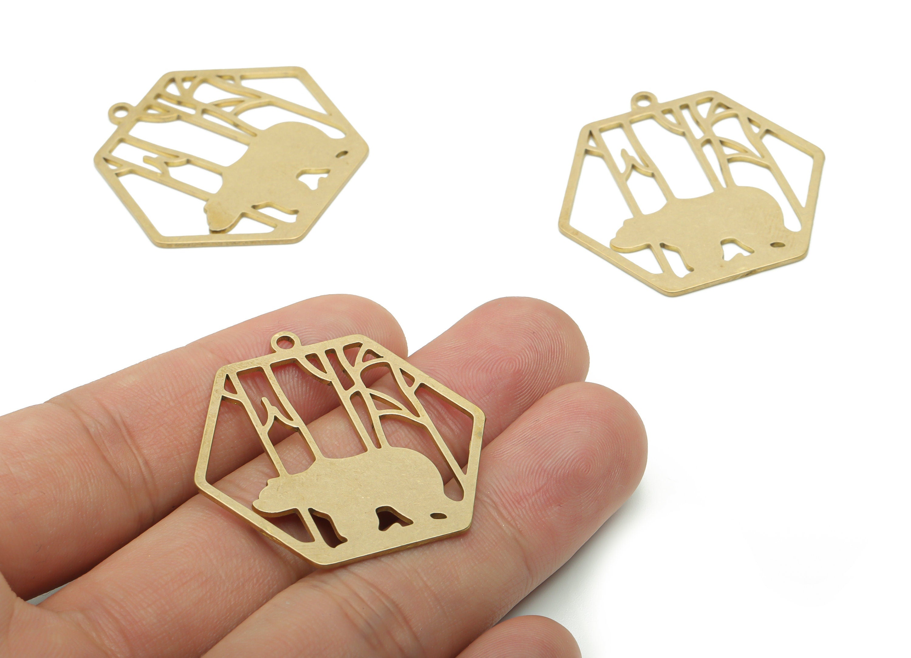 Brass Hexagon Bear Tree Earring Charms - Raw Brass Bear Behind Bar Pendant - DIY Jewelry Making Supplies - 37.59x36.29x0.84mm - PPA1248 - DOMEDBAZAAR