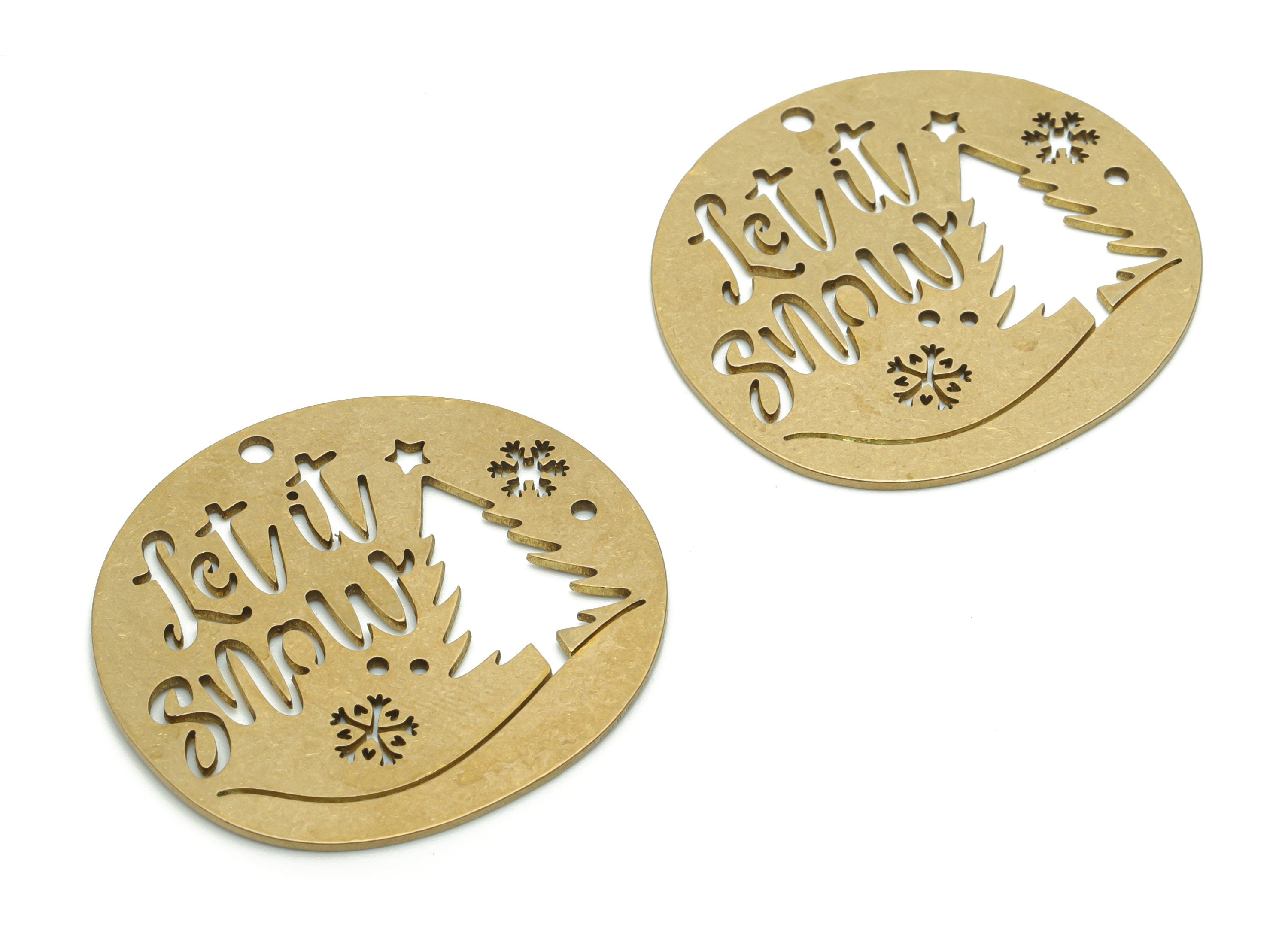 Brass Round Let It Snow Star Words Earring Charms - Raw Brass Christmas Tree Snowflakes Phrase Pendant - 34.81x32x0.8mm - PPZ0117 - DOMEDBAZAAR