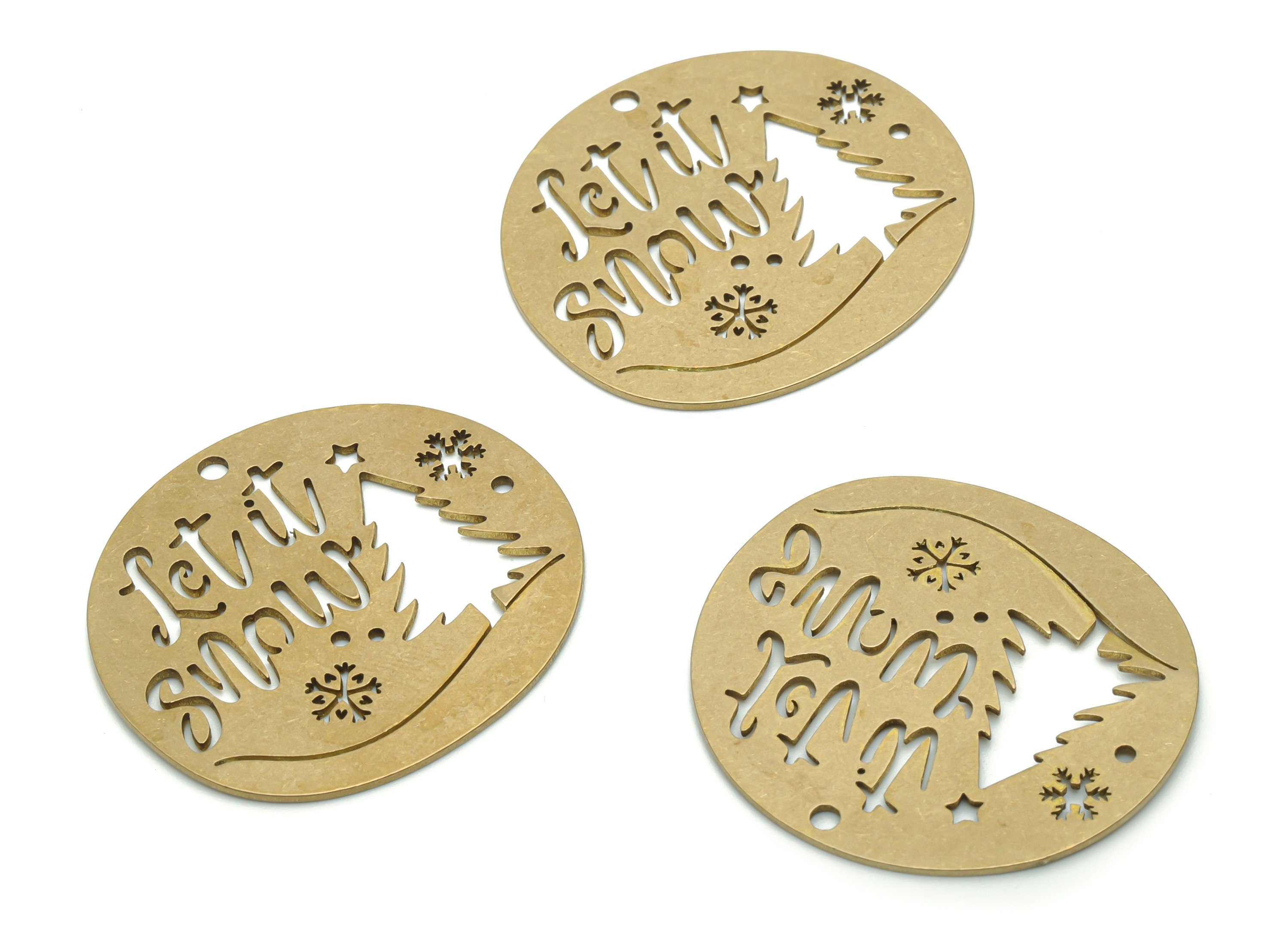 Brass Round Let It Snow Star Words Earring Charms - Raw Brass Christmas Tree Snowflakes Phrase Pendant - 34.81x32x0.8mm - PPZ0117 - DOMEDBAZAAR