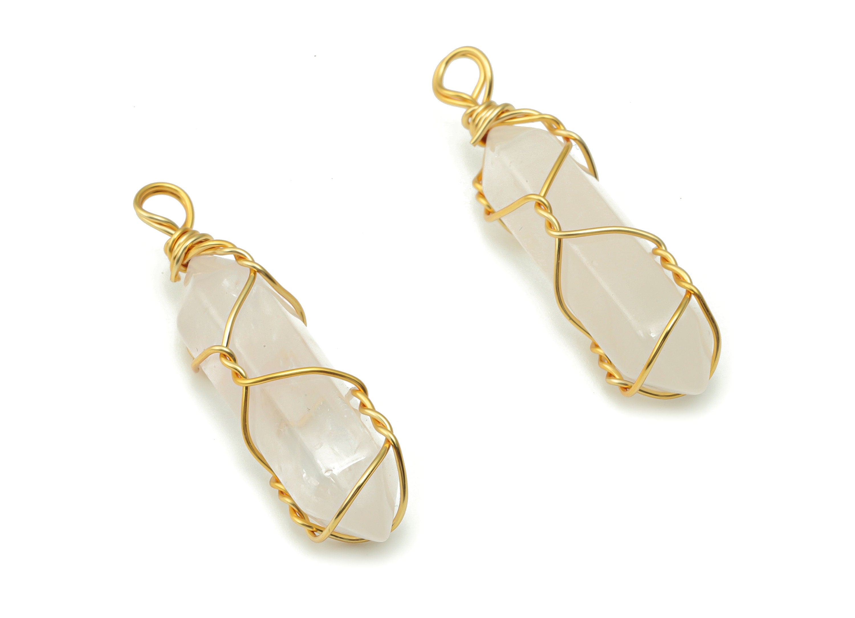 Rose Quartz Earring Charms - Brass Wire Wrapped Pendant - Crystal Healing - Natural Stone - Gold Tone Plated Brass – 39.6x10x9.6mm – NS1555A - DOMEDBAZAAR