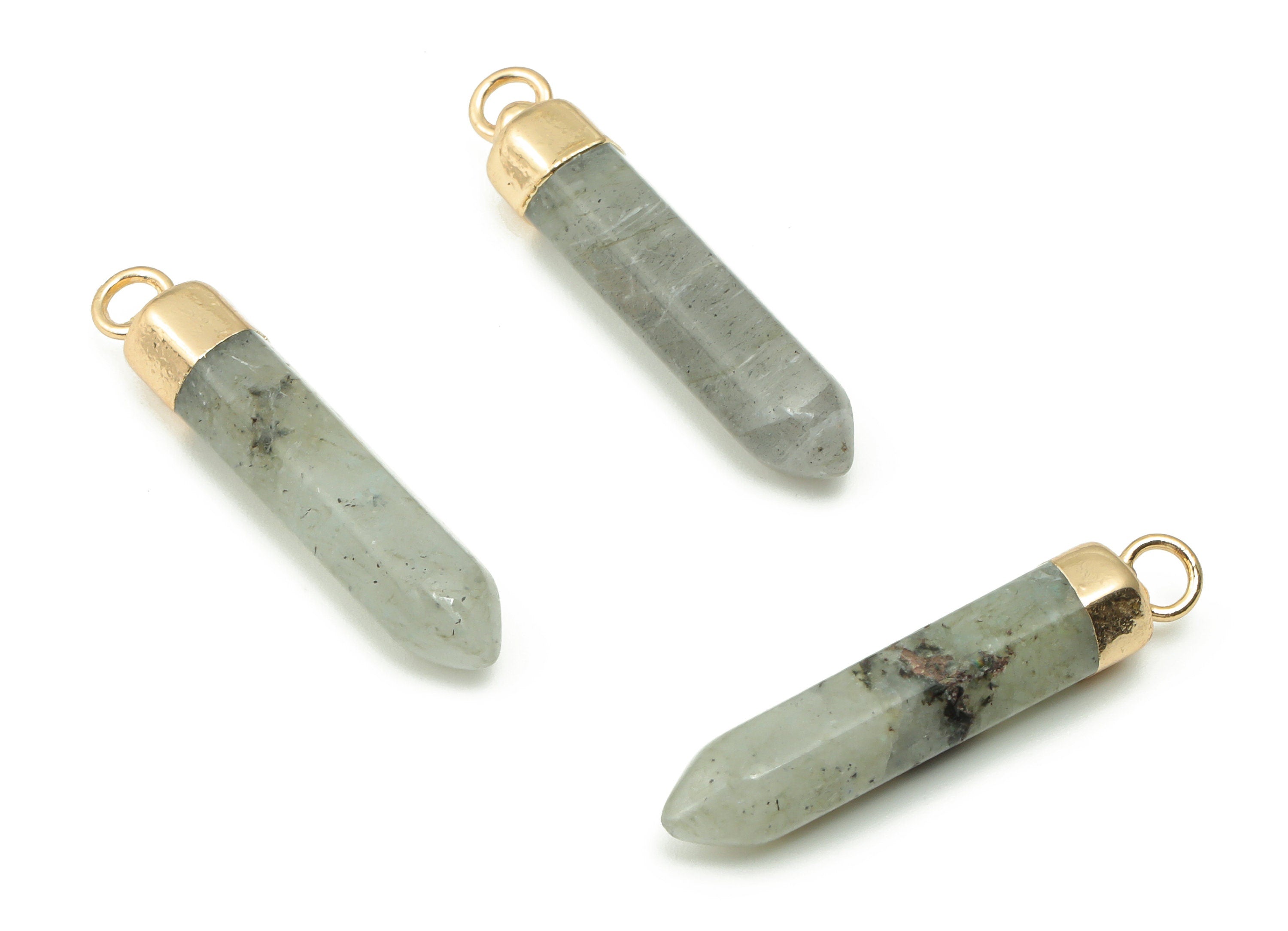 Labradorite Spike Earring Charms - Brass Strip Pendant - Healing Charms - Natural Stone - Gold Tone Plated Brass – 29.4x5.58x5.6mm–NS1549A - DOMEDBAZAAR