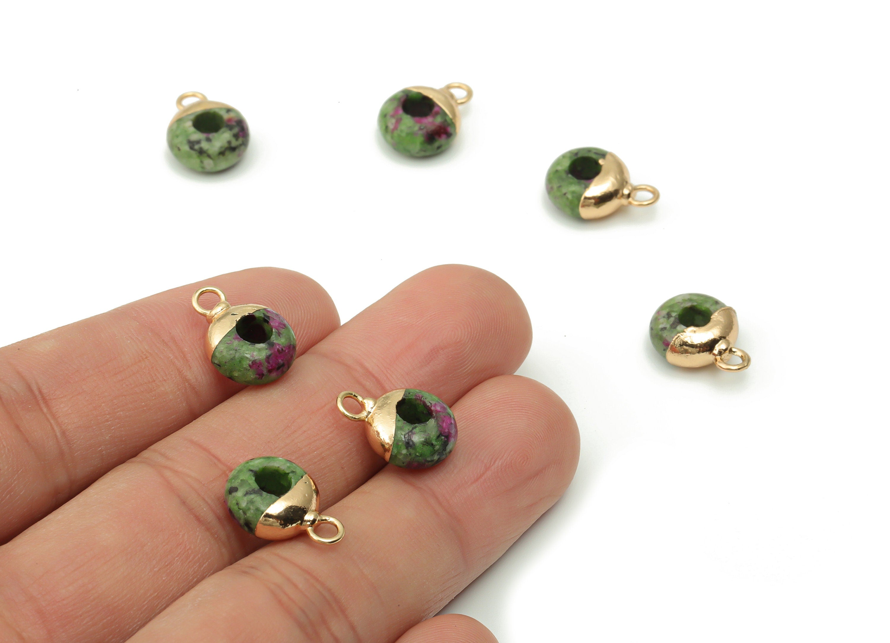 Ruby Zoisite Circle Charms - Brass Hoop Pendant - Natural Stone - Gold Tone Plated Brass – Jewelry Supplies - 14.59x10.56x5.31mm – NS1550B - DOMEDBAZAAR