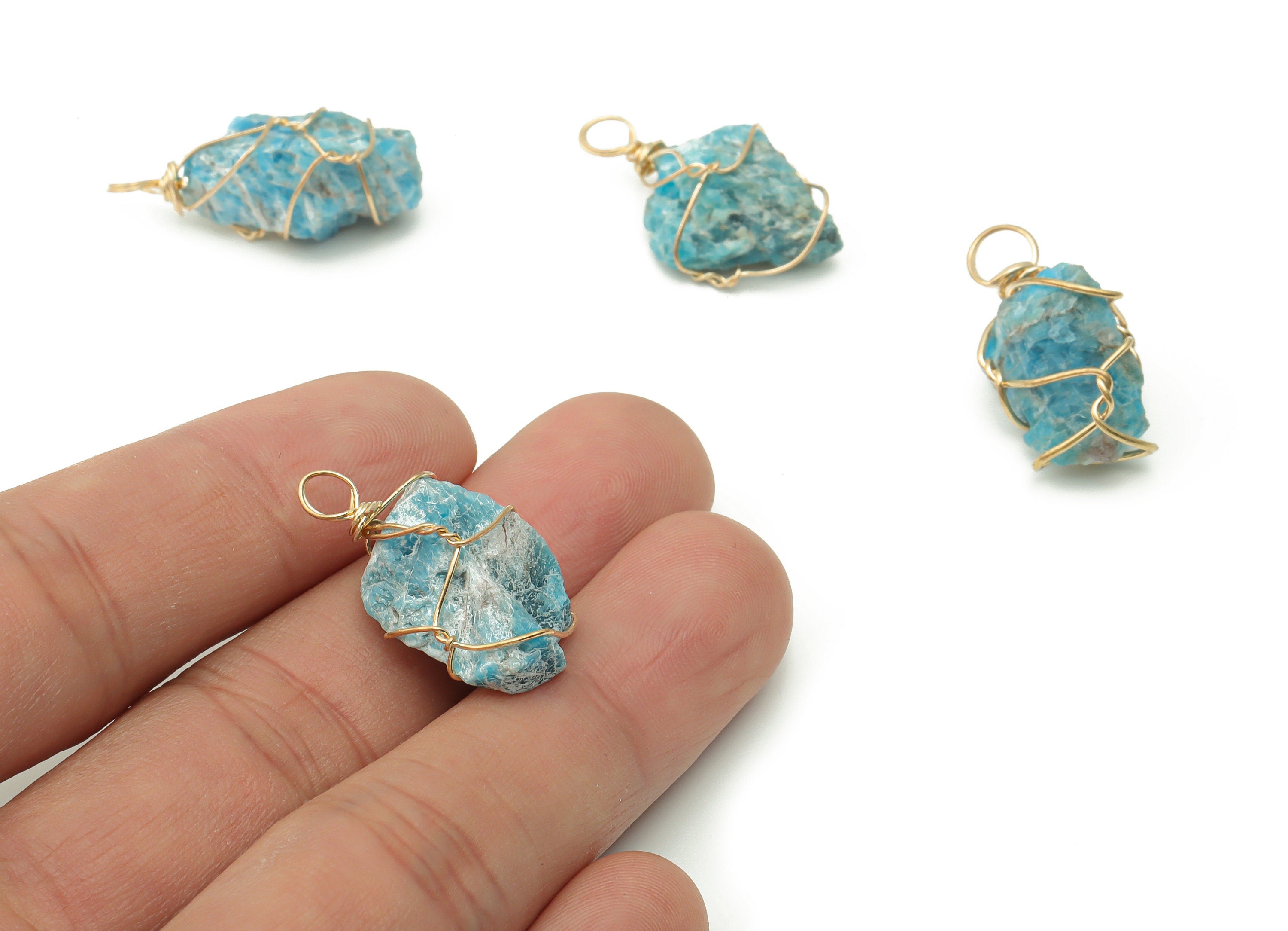 Apatite Stone Earring Charms - Brass Wire Wrapped Pendant - Healing Crystal - Natural Stone - Gold Tone Plated Brass –29.5x14.2x9.1mm–NS1546 - DOMEDBAZAAR