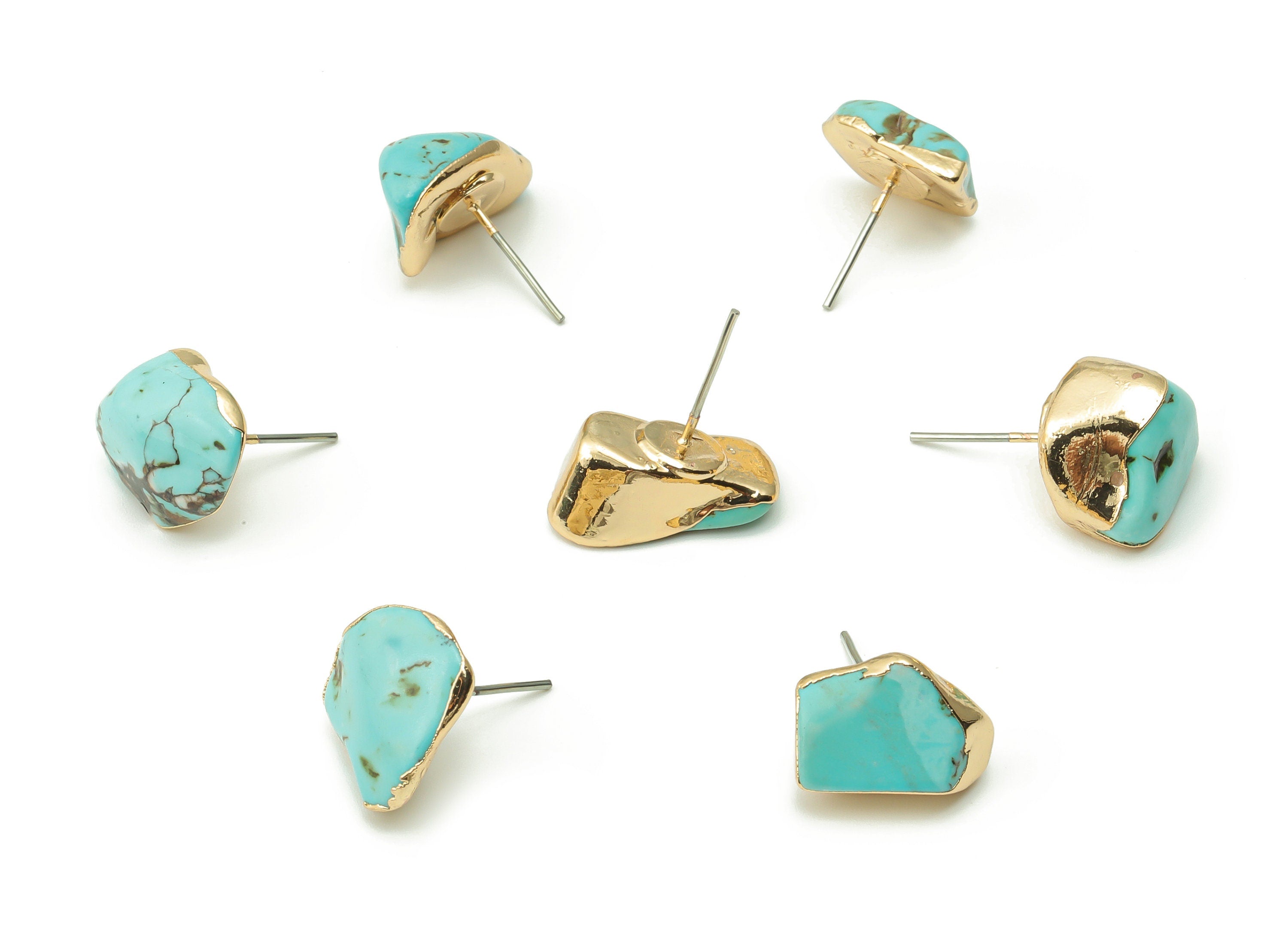 Turquoise Earring Stud - Brass Drop Earring Post - Natural Stone - Gold Tone Plated Brass – Stainless Steel Stud - 12.9x9.4x4.6mm – NS1551 - DOMEDBAZAAR