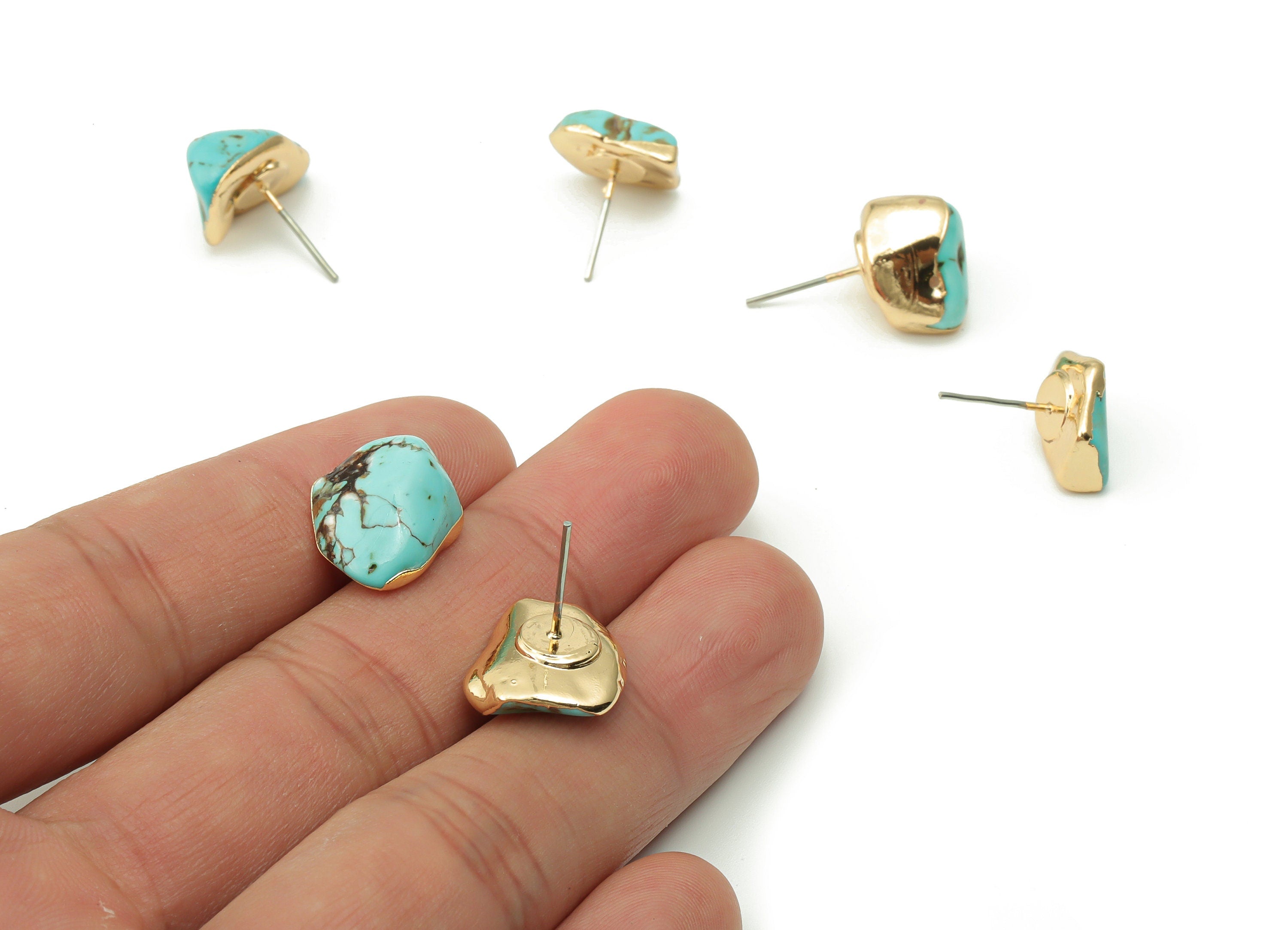 Turquoise Earring Stud - Brass Drop Earring Post - Natural Stone - Gold Tone Plated Brass – Stainless Steel Stud - 12.9x9.4x4.6mm – NS1551 - DOMEDBAZAAR