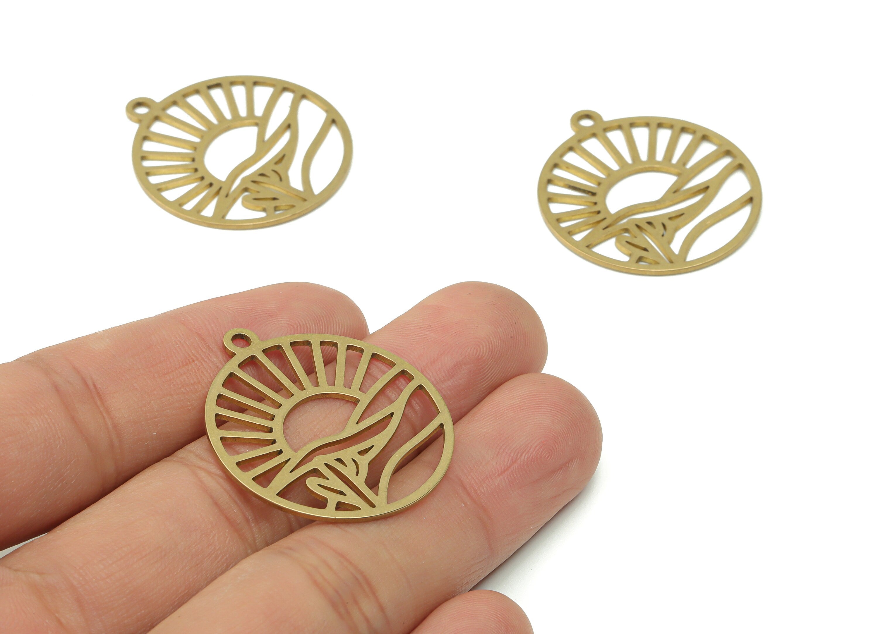 Brass Round Sea Sparkle Earring Charms - Raw Brass Sun Waves Pendant - Jewelry Making Supplies - 33.29x29.8x0.85mm - PPZ0054 - DOMEDBAZAAR