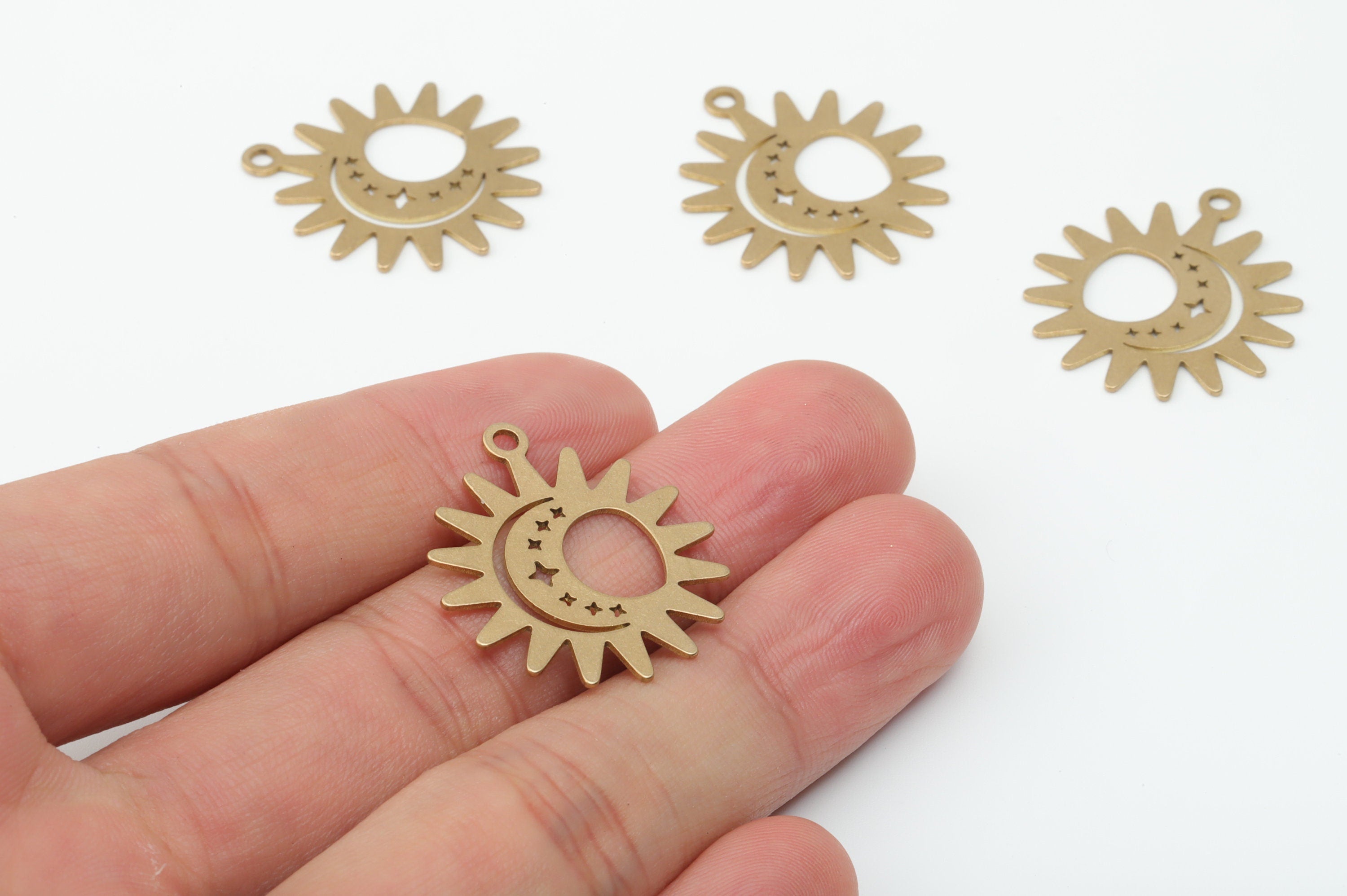 Brass Sun Crescent Earring Charms - Raw Brass Planet Moon Stars Pendant - DIY Jewelry Making Supplies - 27.79x24.39x0.65mm - PPZ0077 - DOMEDBAZAAR