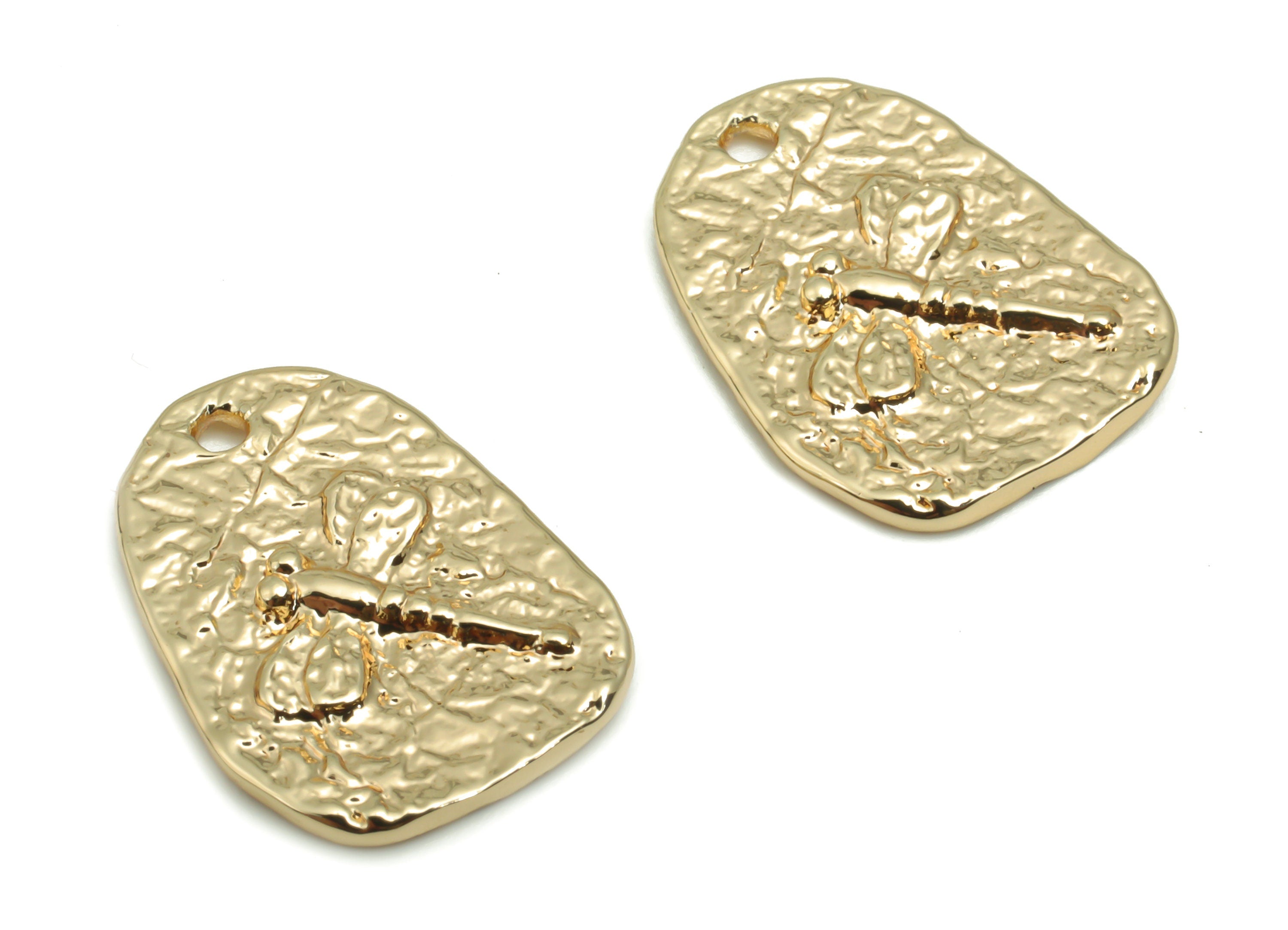 Brass Hammered Square Earring Charms - Gold Dragonfly Pendant - 18K Real Gold Plated Brass - Jewelry Supplies - 16.5x12.11x1.49mm - RGP4227 - DOMEDBAZAAR
