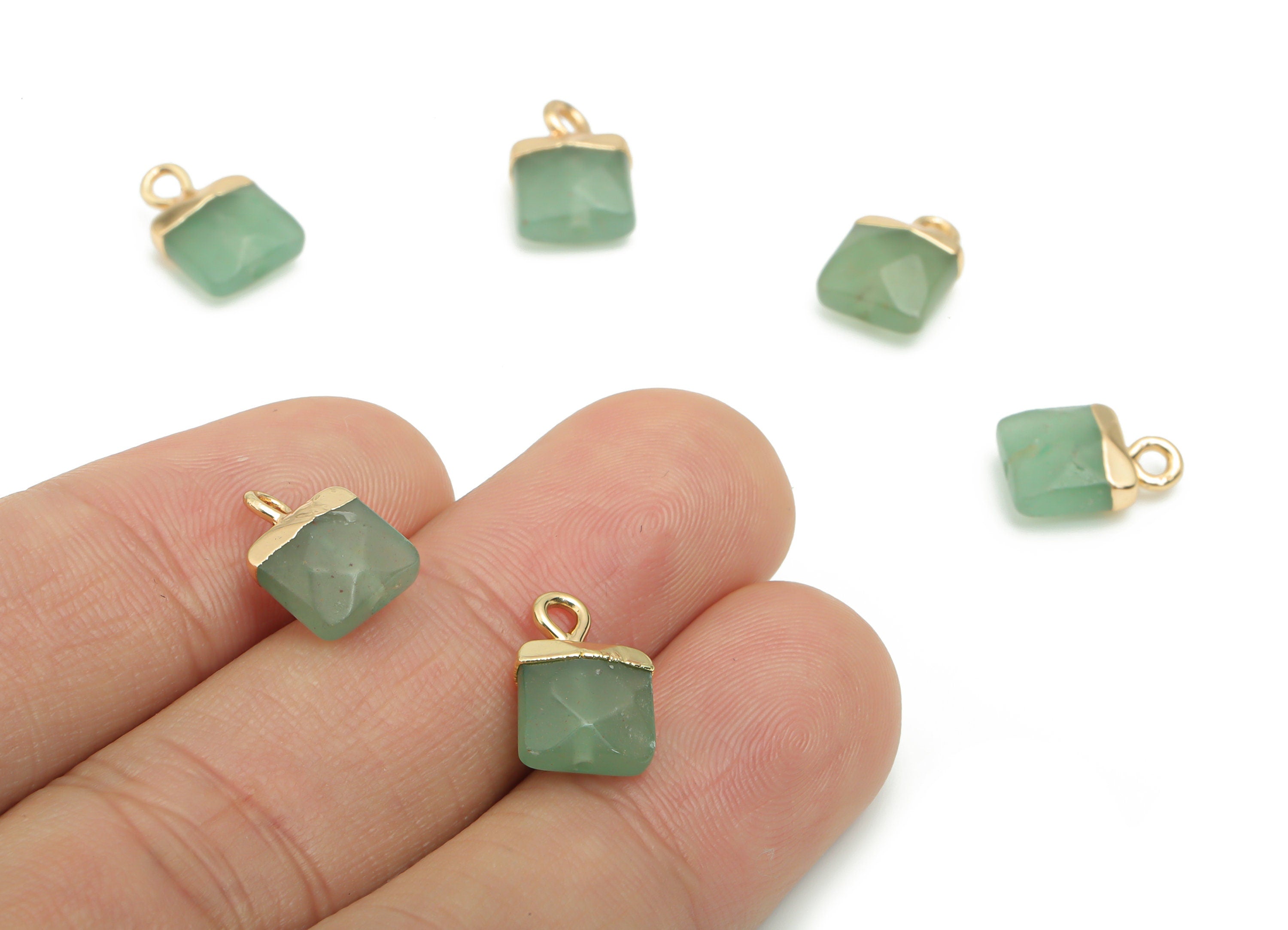Aventurine Square Earring Charms - Brass Square Pendant - Iron Loop - Natural Stone - Gold Tone Plated Brass – 12.07x8.33x4.74mm – NS1566 - DOMEDBAZAAR