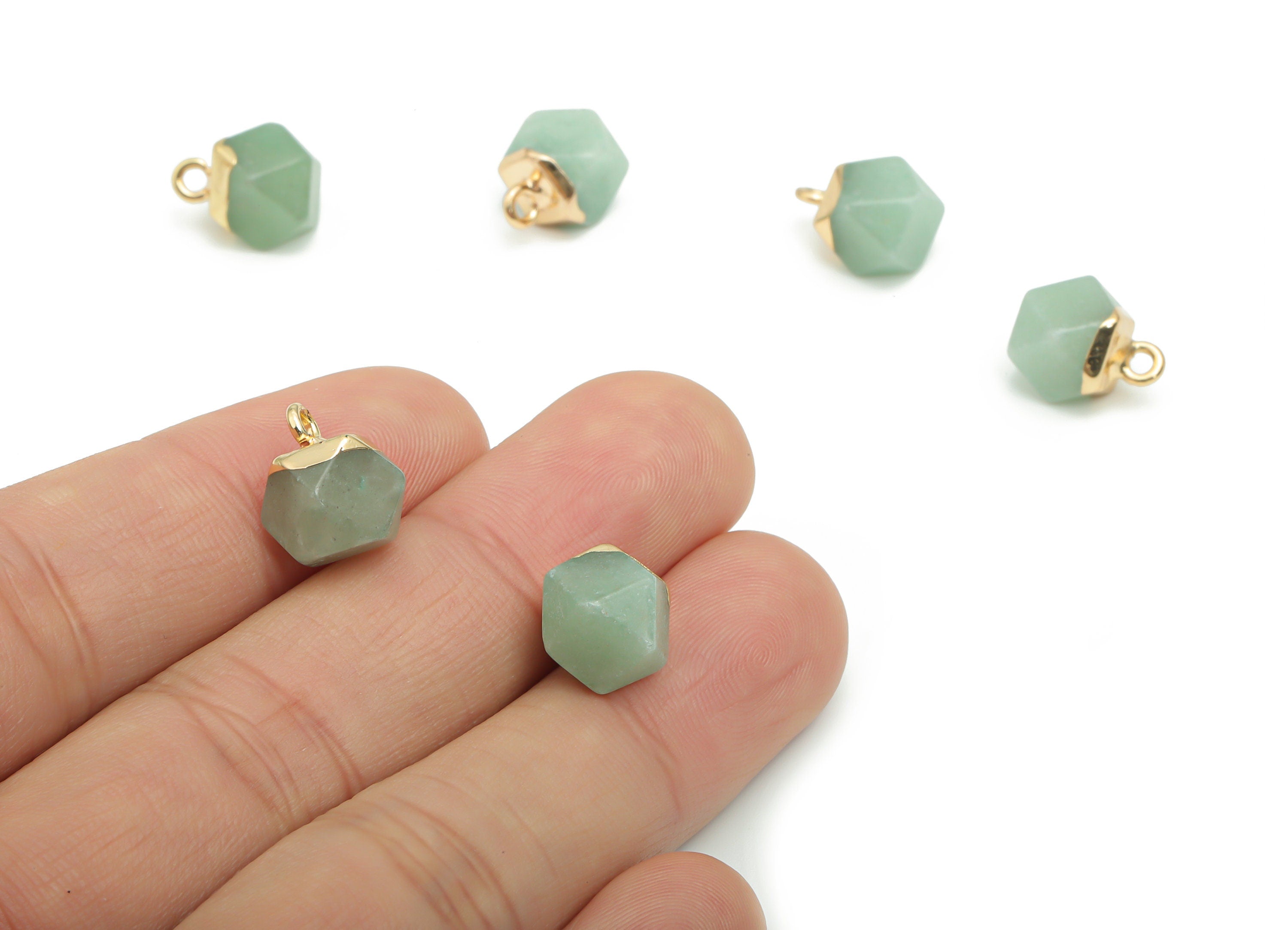 Aventurine Hexagon Earring Charms - Brass Hexagon Pendant - Iron Loop - Natural Stone - Gold Tone Plated Brass – 12.57x8.45x8.2mm – NS1580F - DOMEDBAZAAR