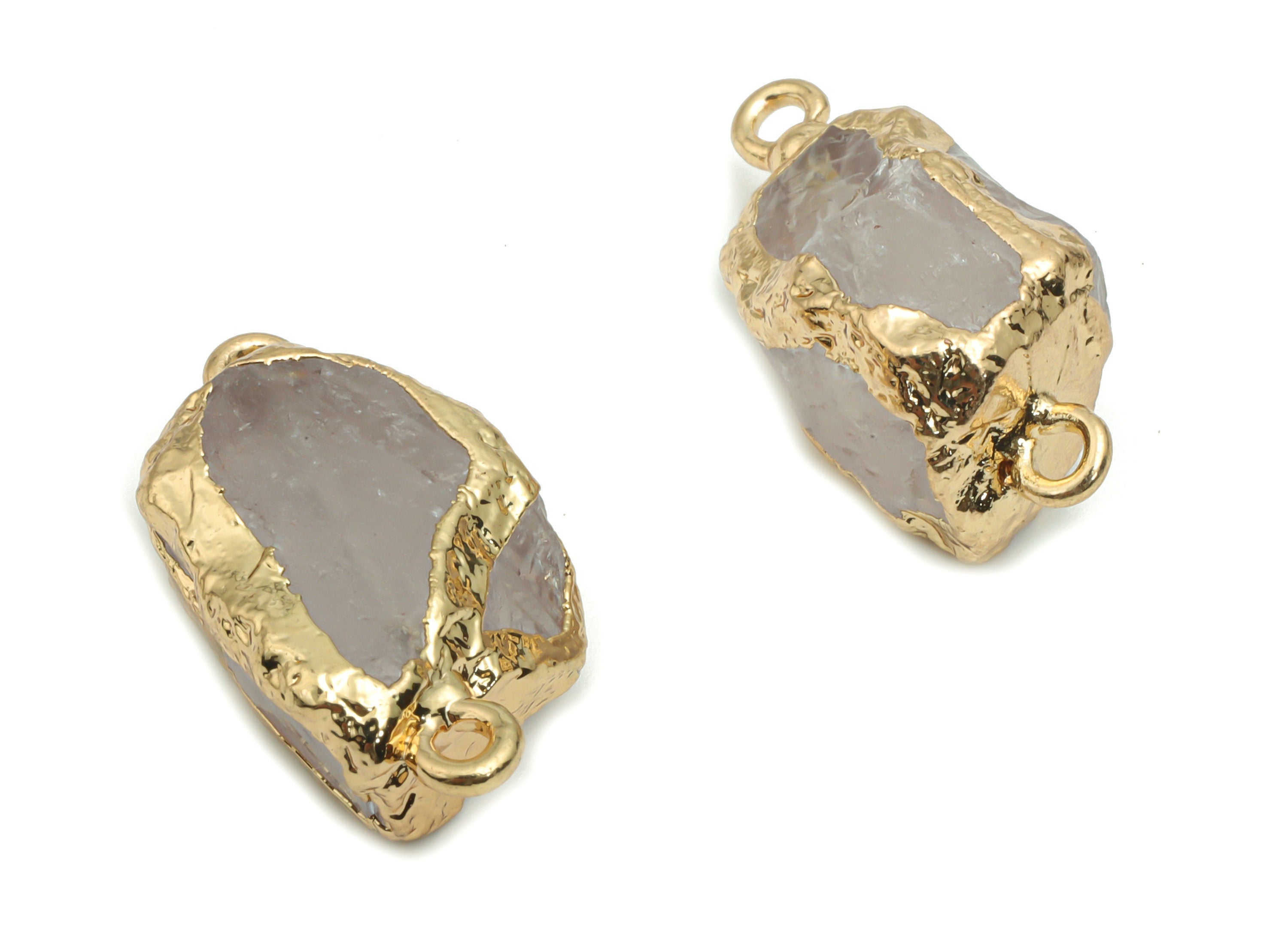 Rose Crystal Quartz Earring Connector - Brass Irregular Charms - Iron Loop - Natural Stone - Gold Tone Plated Brass – 20x13.76x9.82mm–NS1594 - DOMEDBAZAAR
