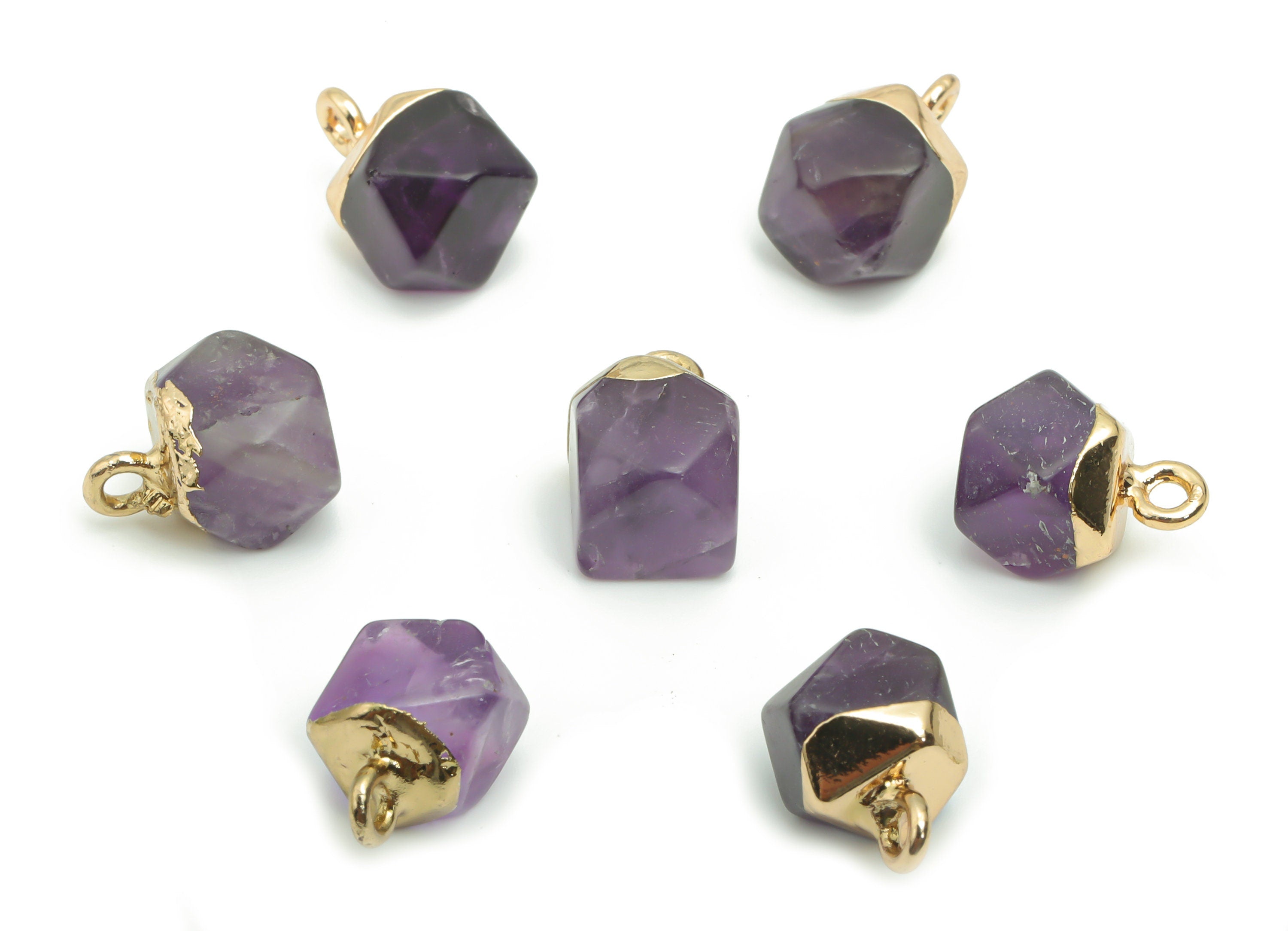 Amethyst Hexagon Earring Charms - Brass Hexagon Pendant - Iron Loop - Natural Stone - Gold Tone Plated Brass – 12.57x8.45x8.18mm – NS1580K - DOMEDBAZAAR