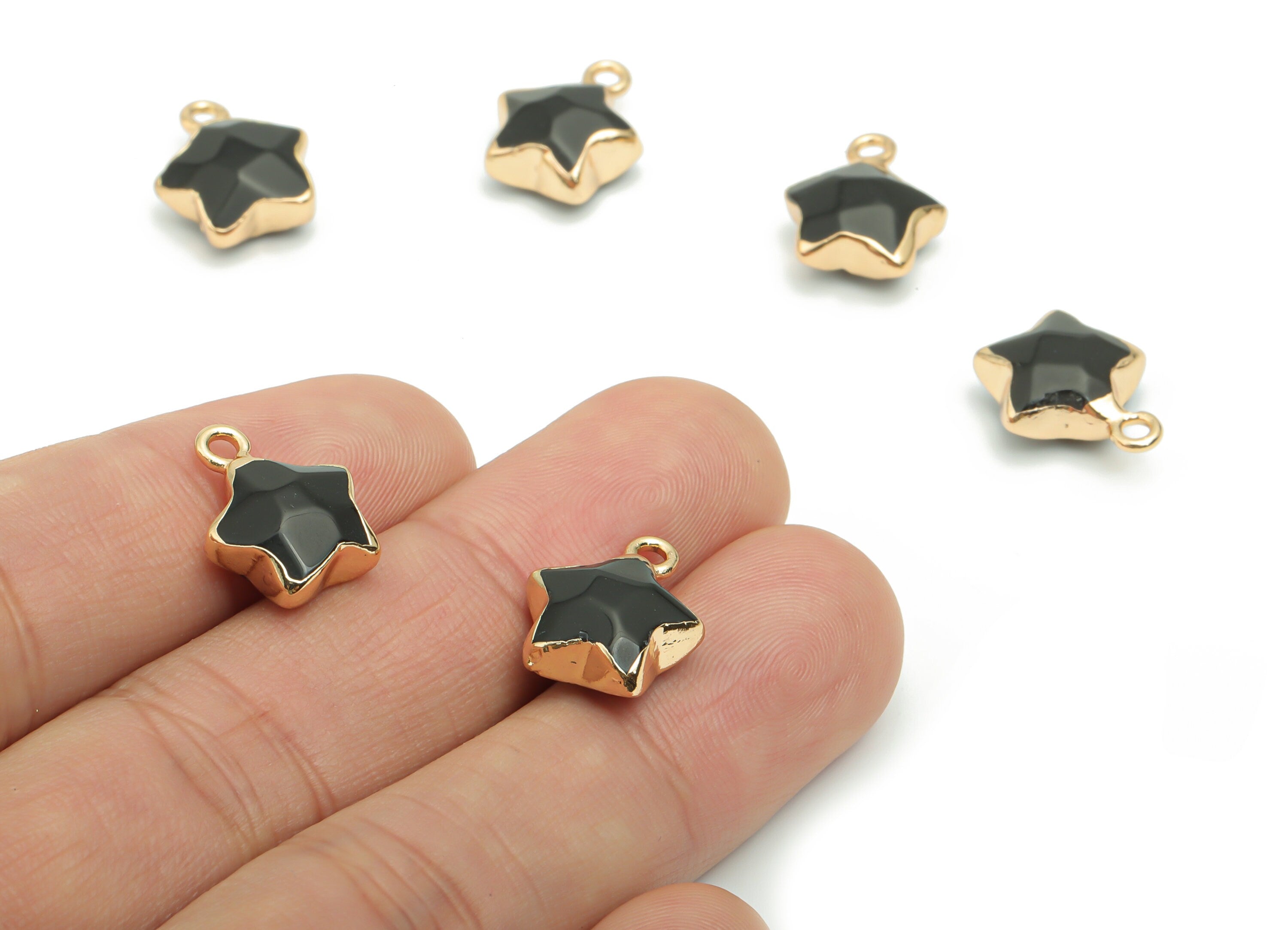 Black Stone Star Earring Charms - Brass Star Pendant - Iron Loop - Natural Stone - Gold Tone Plated Brass – 15.94x12.86x6.51mm – NS1579A - DOMEDBAZAAR