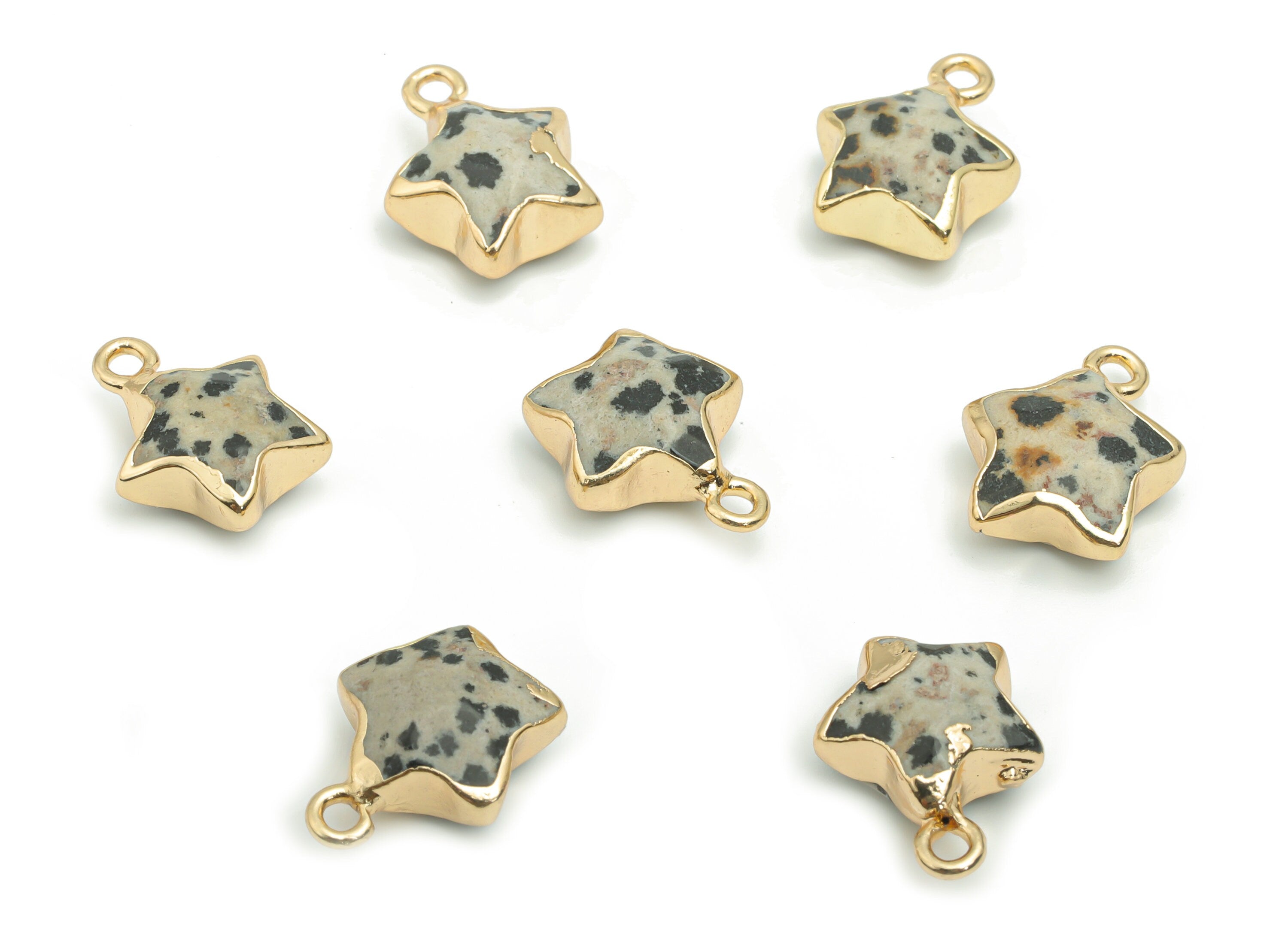 Dalmatian Jasper Star Earring Charms - Brass Star Pendant - Iron Loop - Natural Stone - Gold Tone Plated Brass – 15.94x12.86x6.5mm – NS1579G - DOMEDBAZAAR
